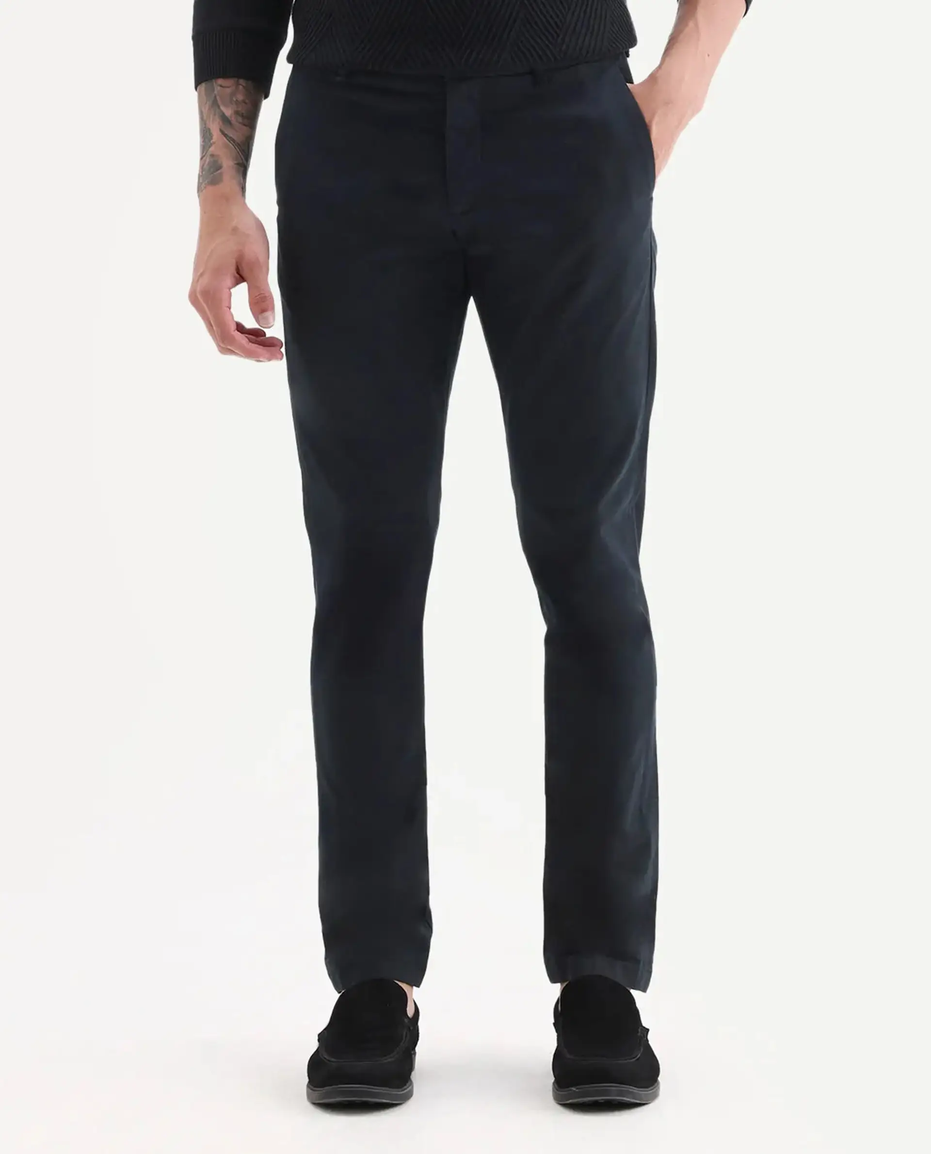 Rare Rabbit Men's Trellis Black Cotton Plain Regular Fit Trouser - Image 9
