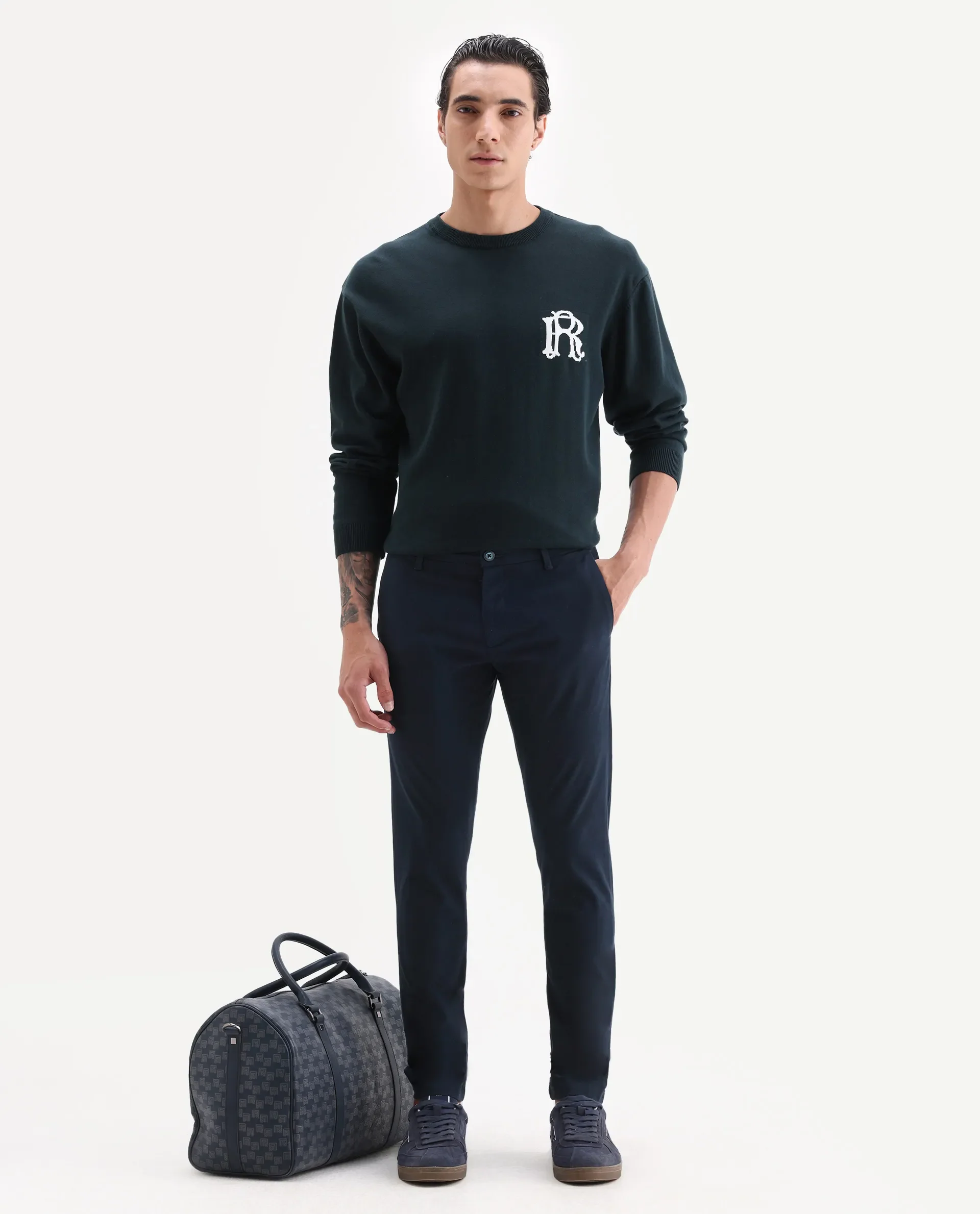 Rare Rabbit Men's Trellis Navy Cotton Plain Regular Fit Trouser