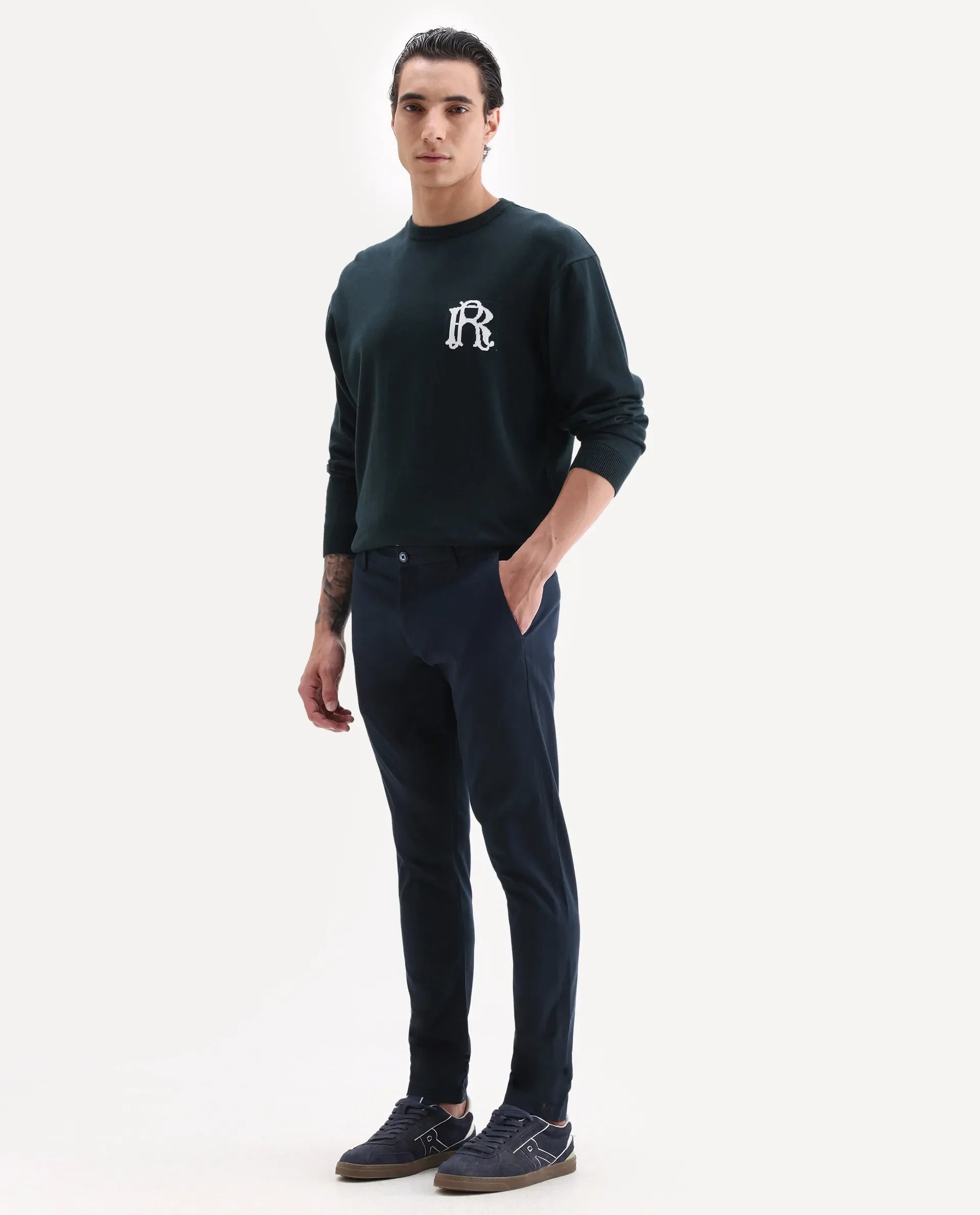 Rare Rabbit Men's Trellis Navy Cotton Plain Regular Fit Trouser - Image 4