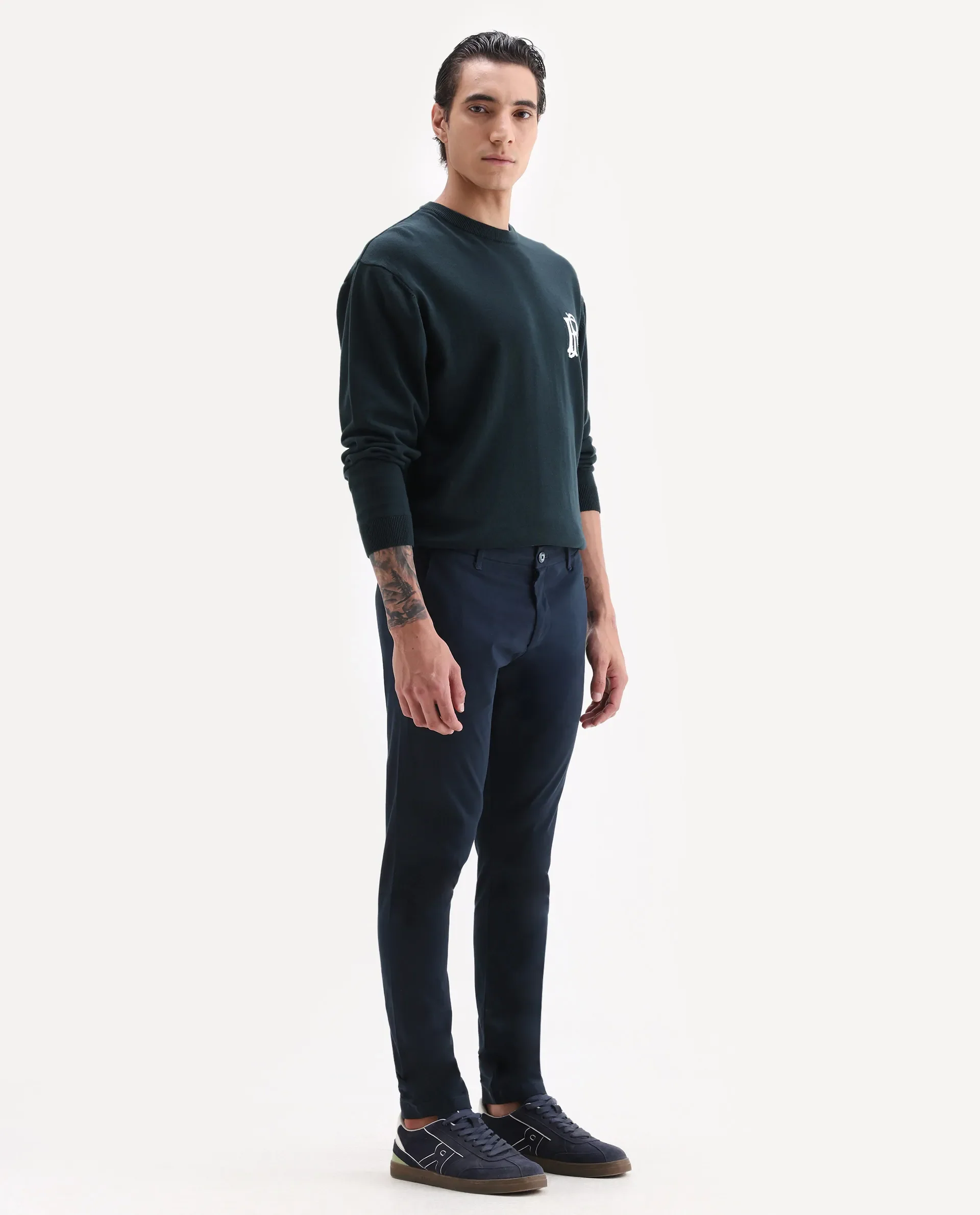 Rare Rabbit Men's Trellis Navy Cotton Plain Regular Fit Trouser - Image 5