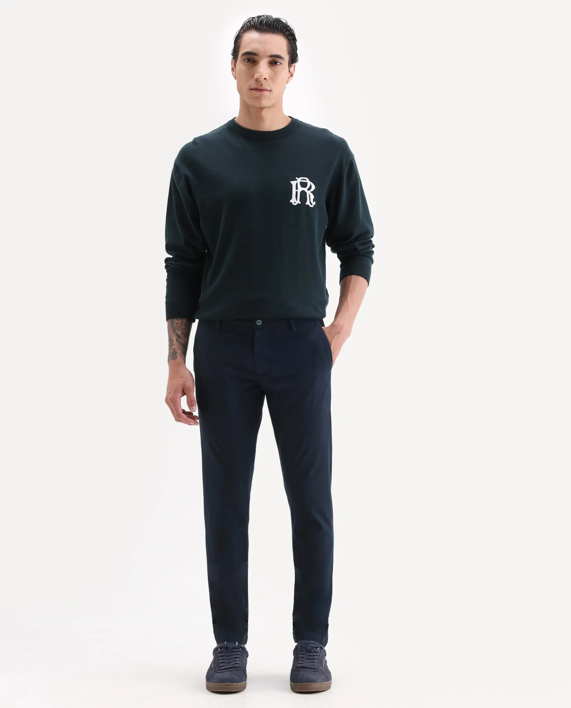 Rare Rabbit Men's Trellis Navy Cotton Plain Regular Fit Trouser - Image 7