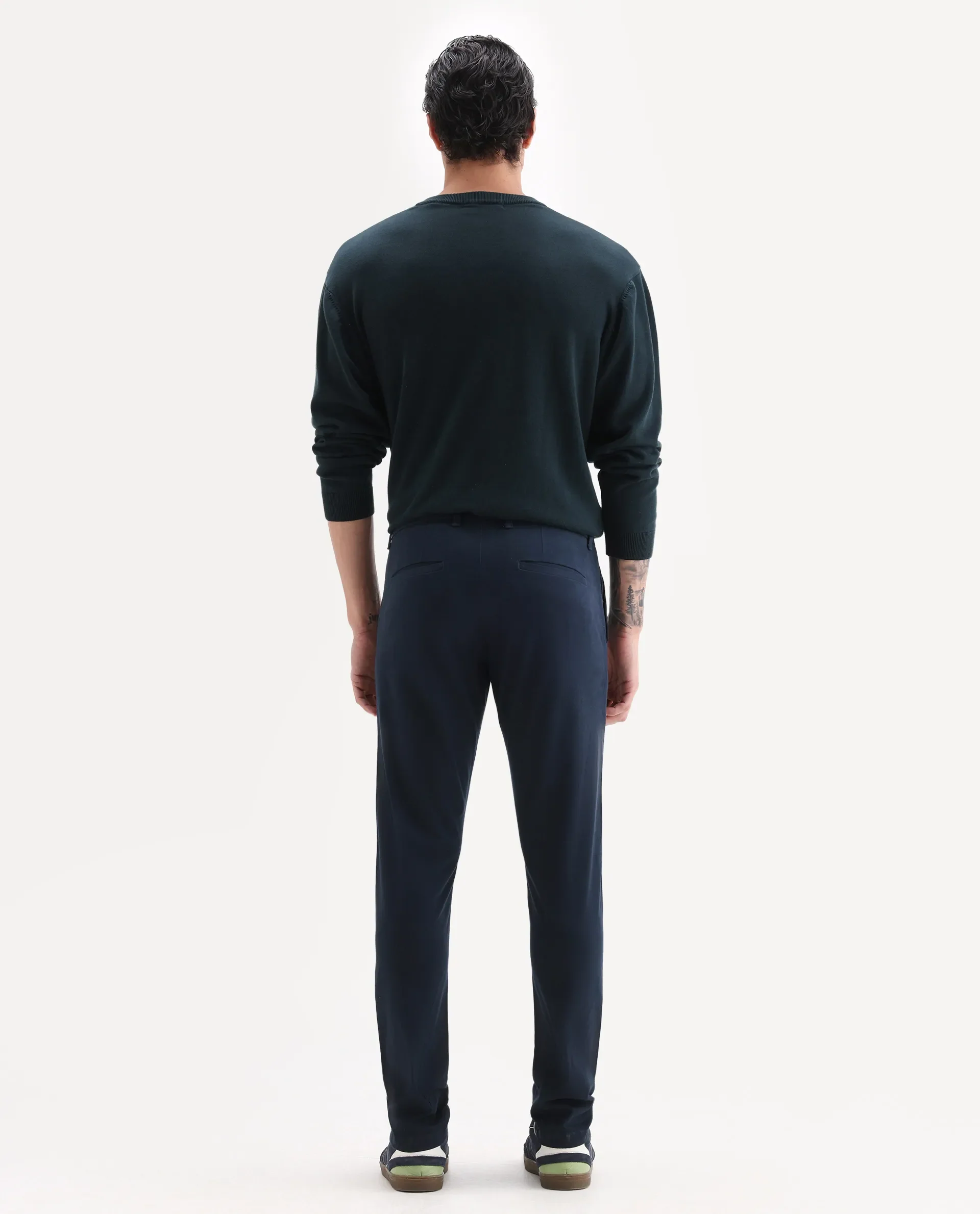 Rare Rabbit Men's Trellis Navy Cotton Plain Regular Fit Trouser - Image 8