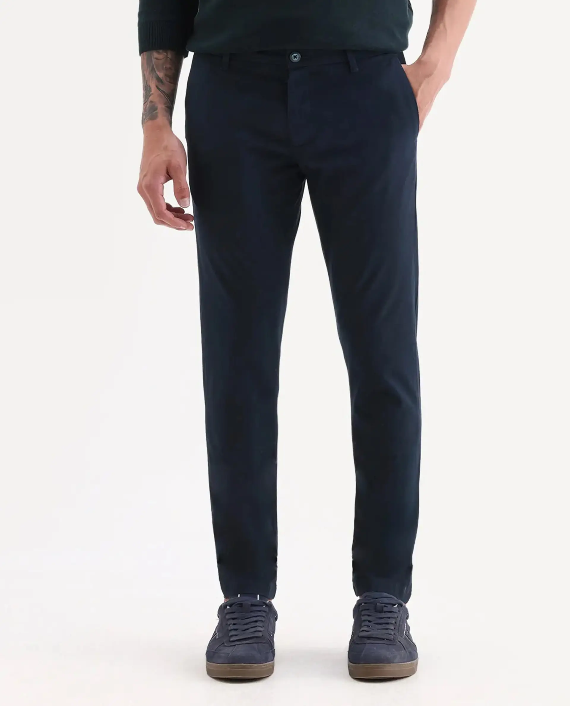 Rare Rabbit Men's Trellis Navy Cotton Plain Regular Fit Trouser - Image 9