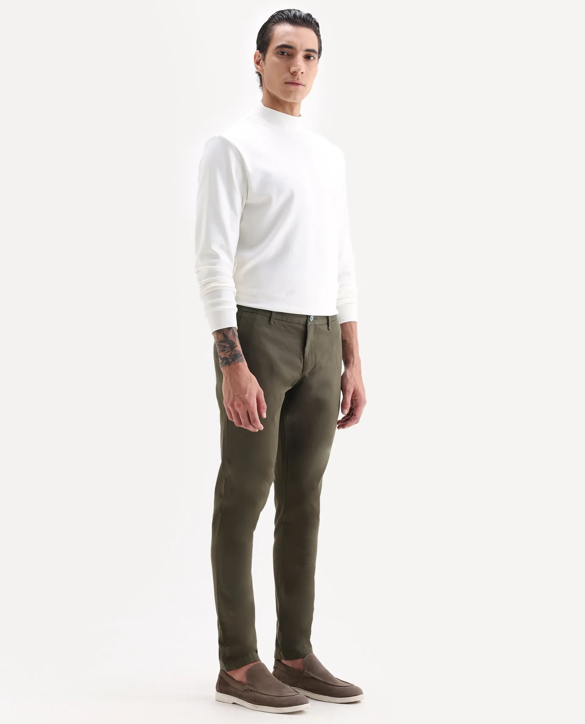 Rare Rabbit Men's Trellis Olive Cotton Plain Regular Fit Trouser - Image 4