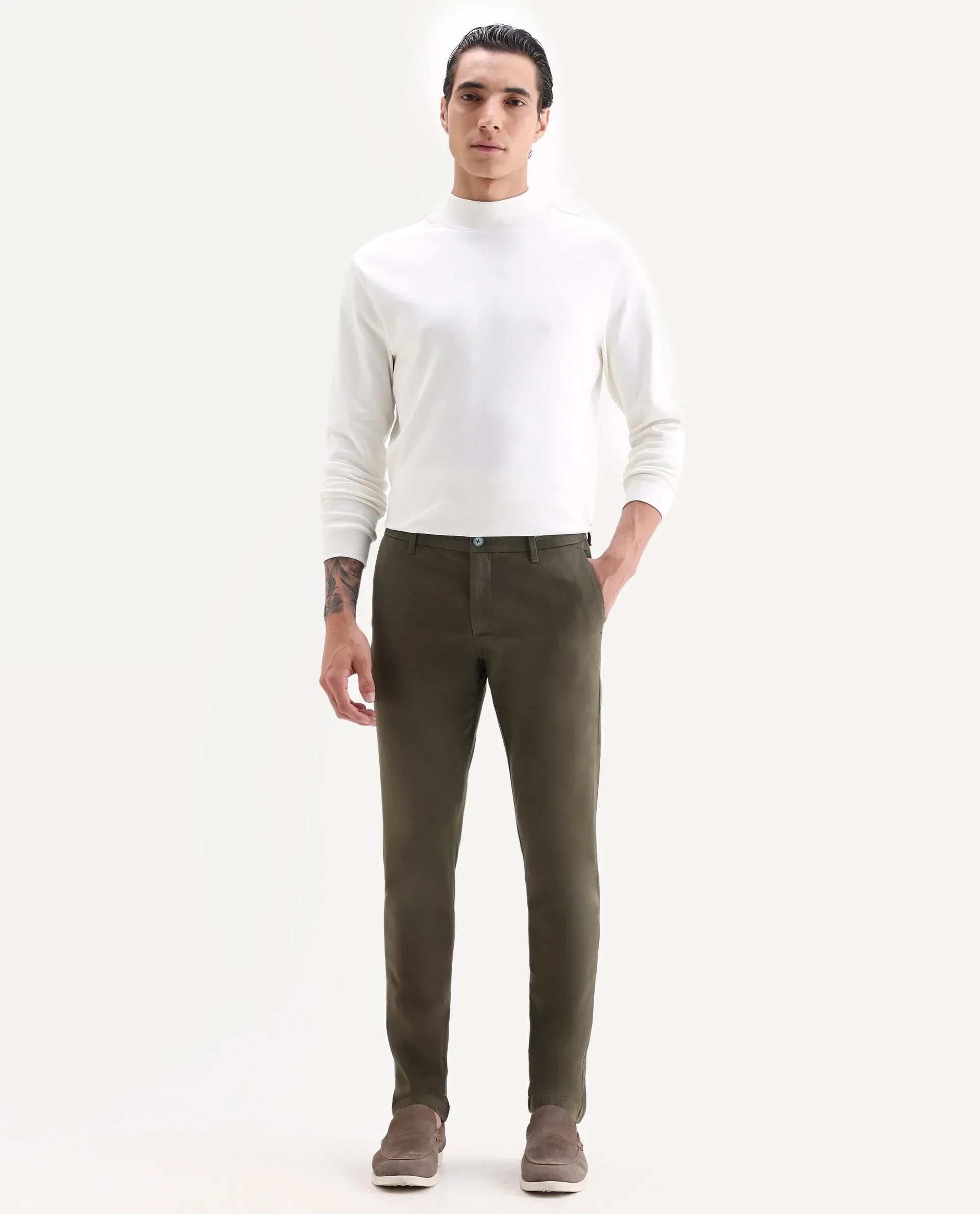 Rare Rabbit Men's Trellis Olive Cotton Plain Regular Fit Trouser - Image 6