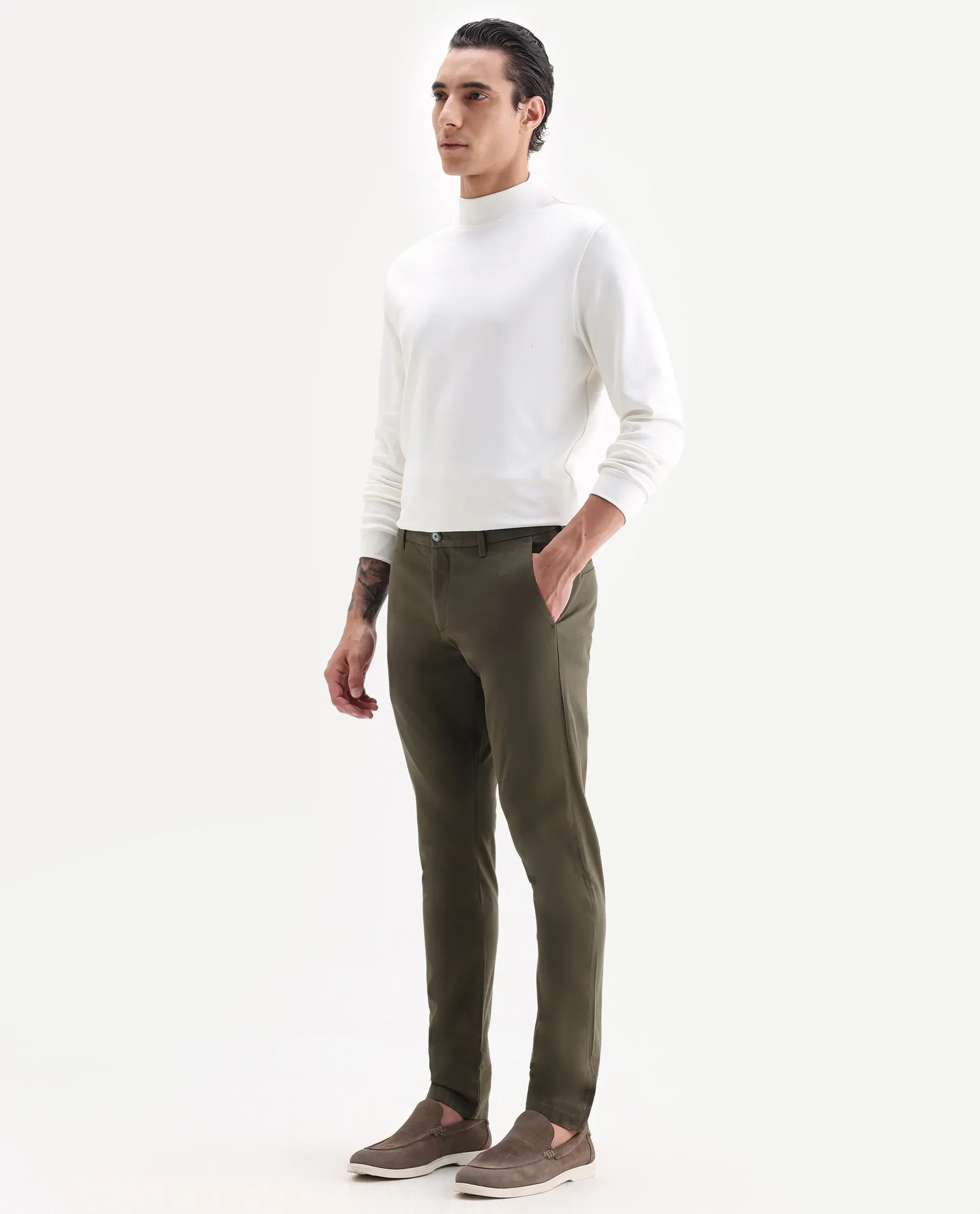 Rare Rabbit Men's Trellis Olive Cotton Plain Regular Fit Trouser - Image 7