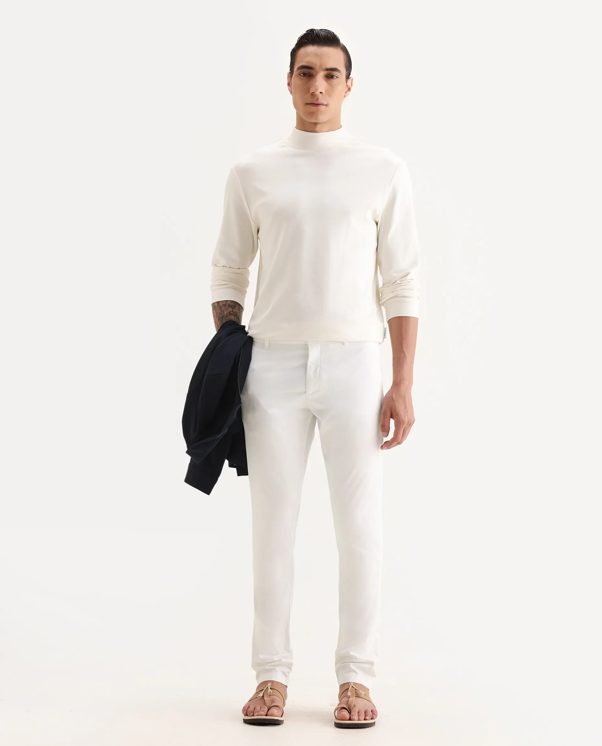 Rare Rabbit Men's Trellis White Cotton Plain Regular Fit Trouser