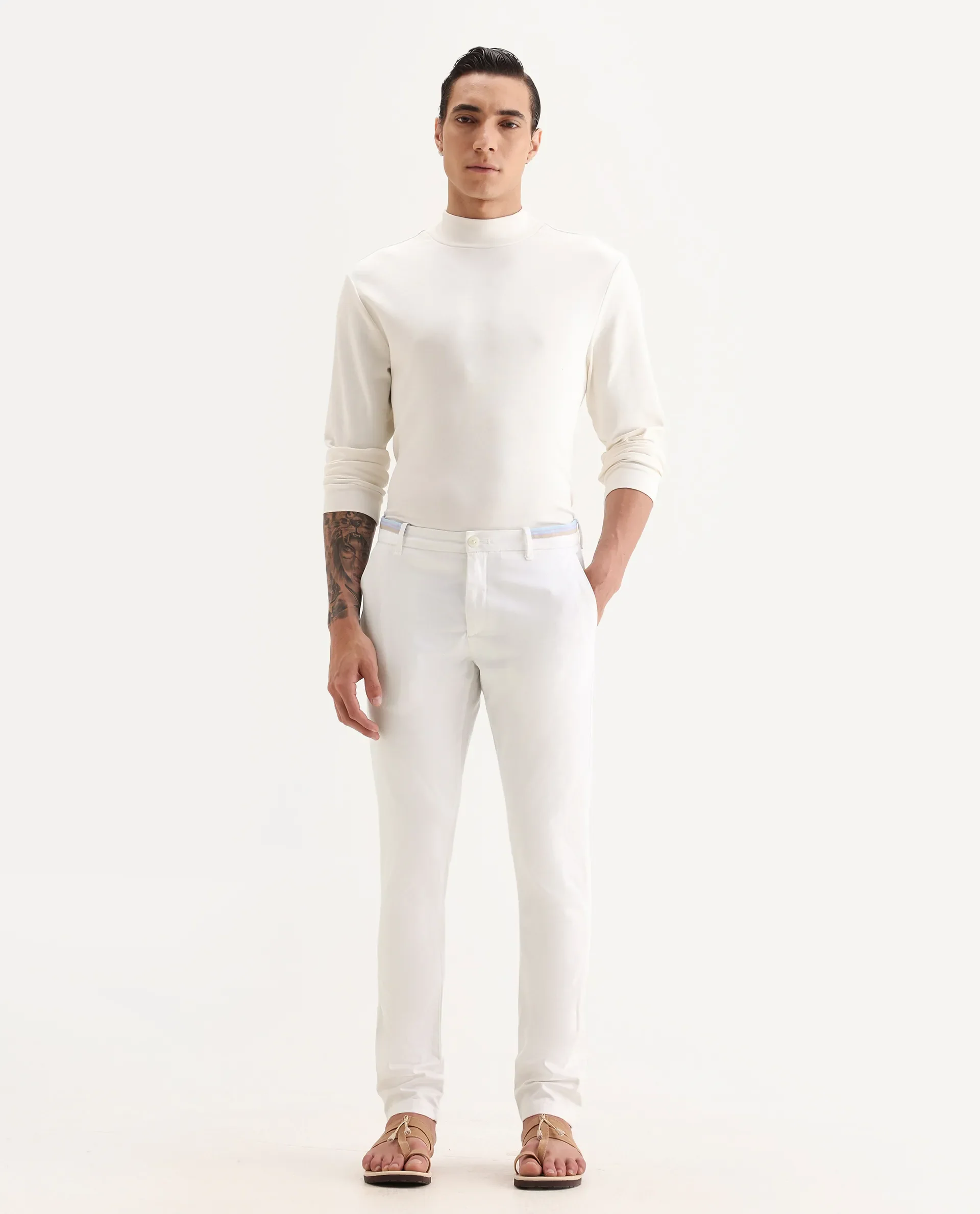 Rare Rabbit Men's Trellis White Cotton Plain Regular Fit Trouser - Image 4