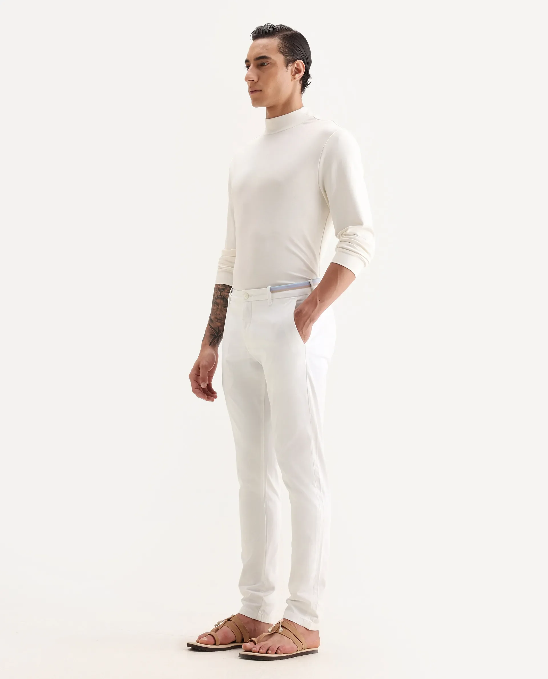 Rare Rabbit Men's Trellis White Cotton Plain Regular Fit Trouser - Image 5