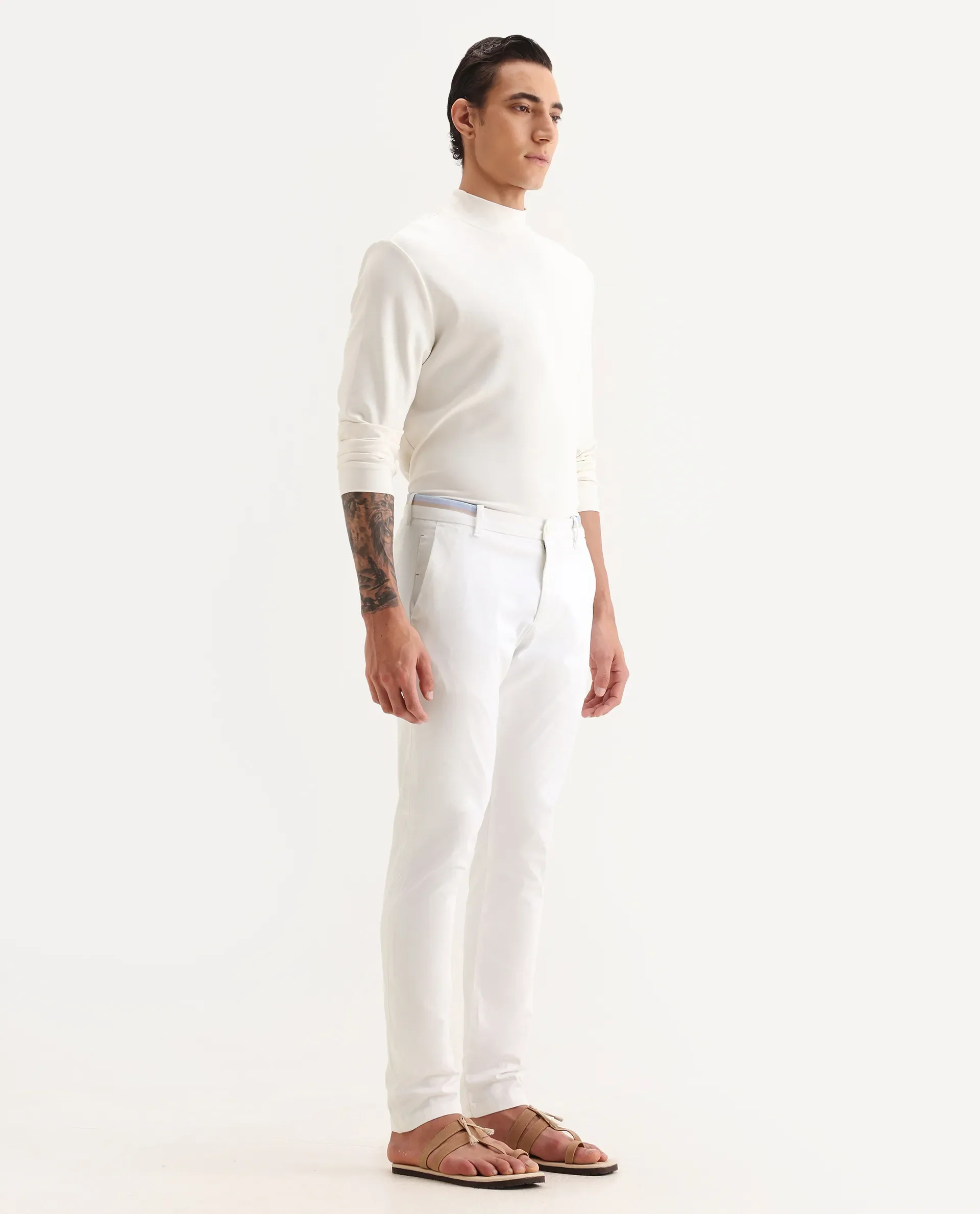 Rare Rabbit Men's Trellis White Cotton Plain Regular Fit Trouser - Image 6