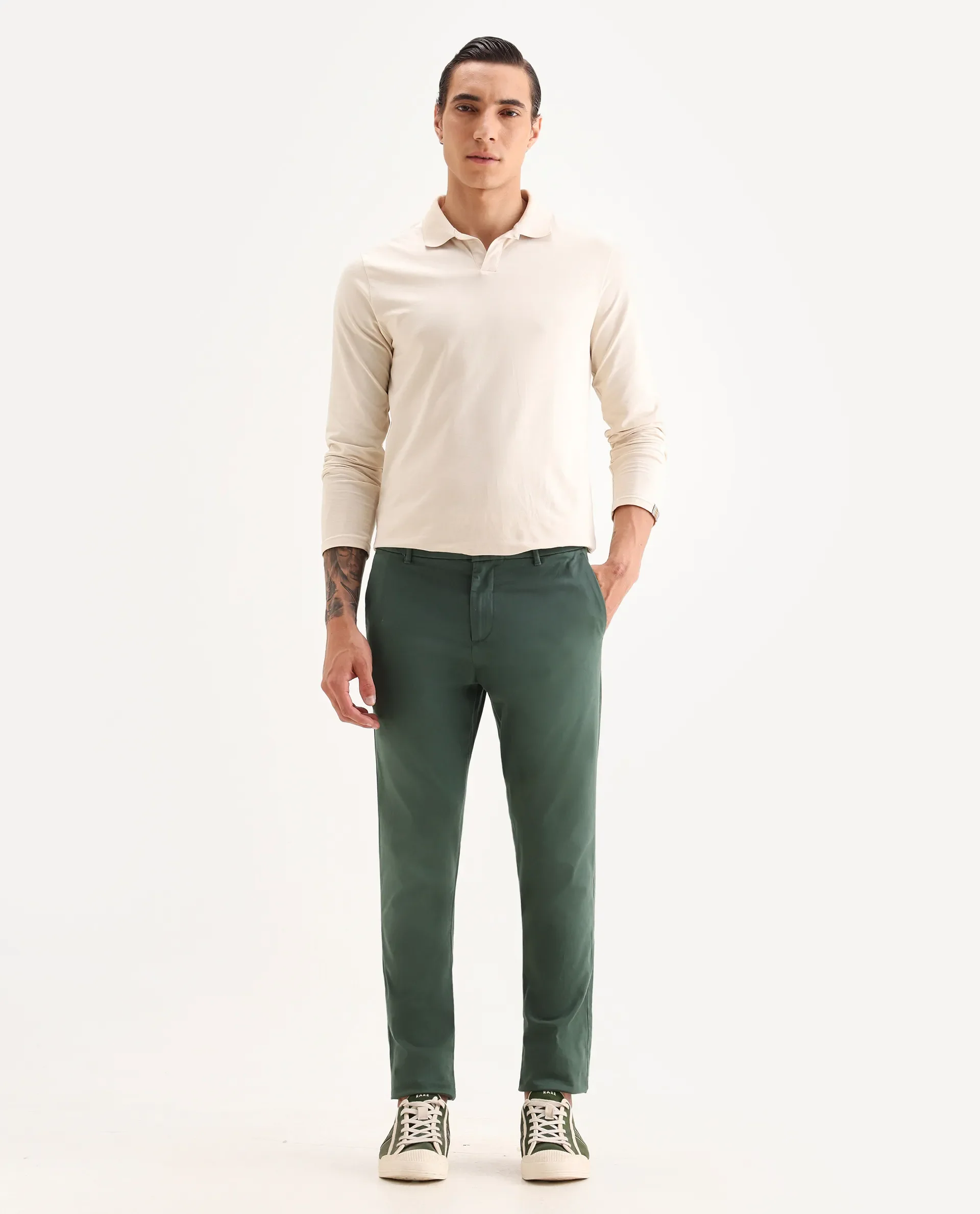 Rare Rabbit Men's Trello Green Cotton Blend Plain Regular Fit Trouser - Image 4