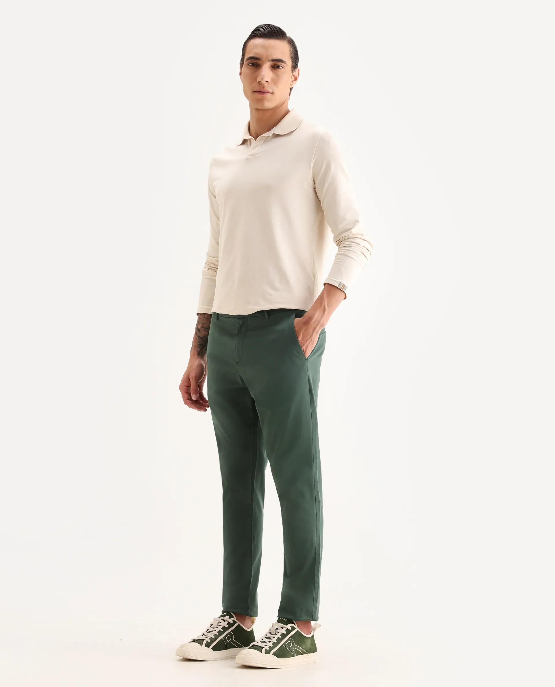 Rare Rabbit Men's Trello Green Cotton Blend Plain Regular Fit Trouser - Image 5