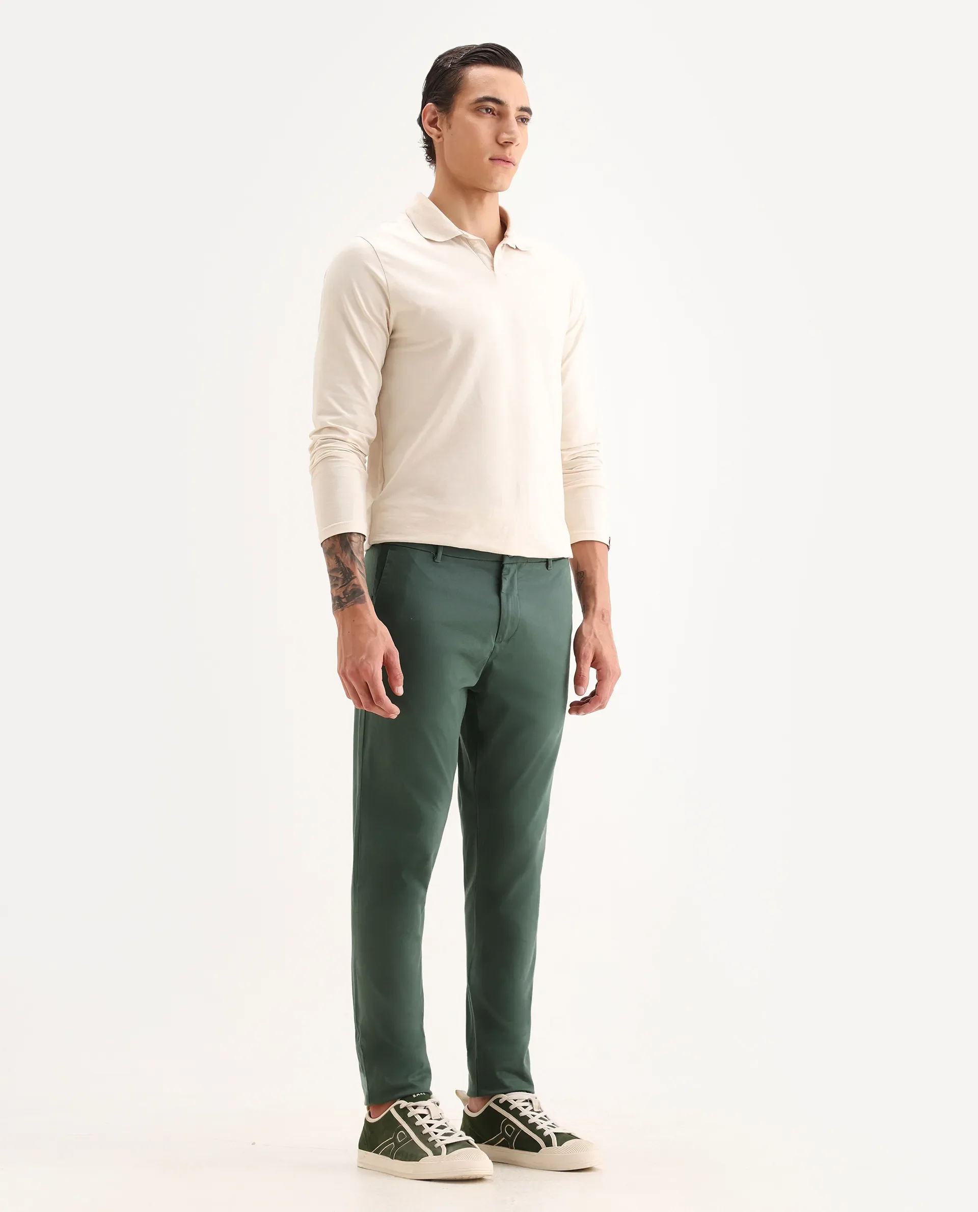 Rare Rabbit Men's Trello Green Cotton Blend Plain Regular Fit Trouser - Image 6