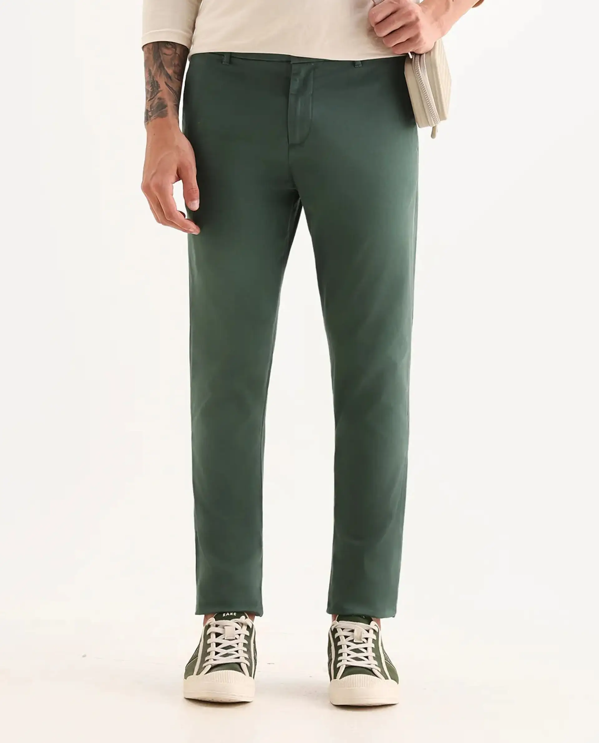 Rare Rabbit Men's Trello Green Cotton Blend Plain Regular Fit Trouser - Image 8