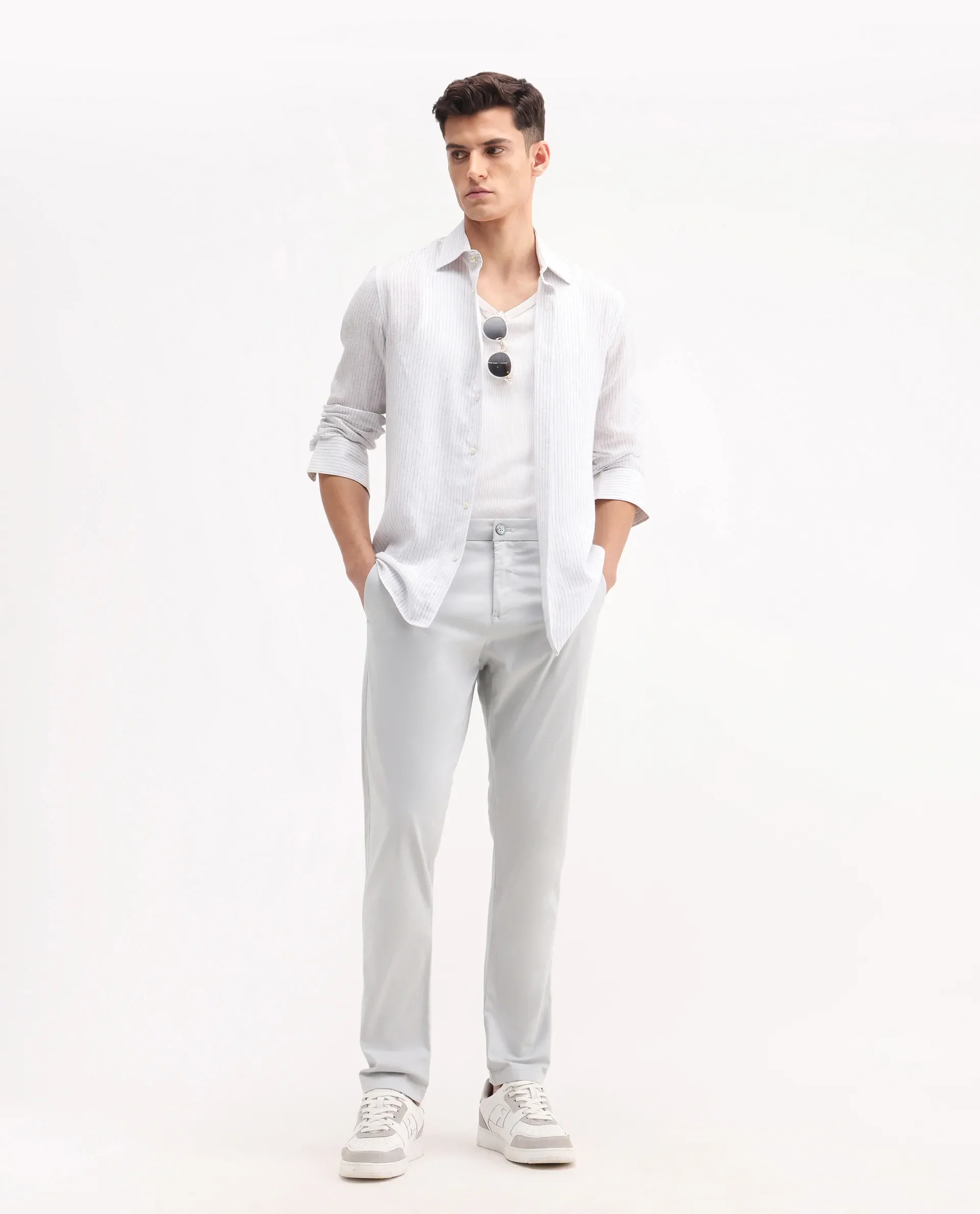 Rare Rabbit Men's Trello Light Grey Cotton Blend Plain Regular Fit Trouser
