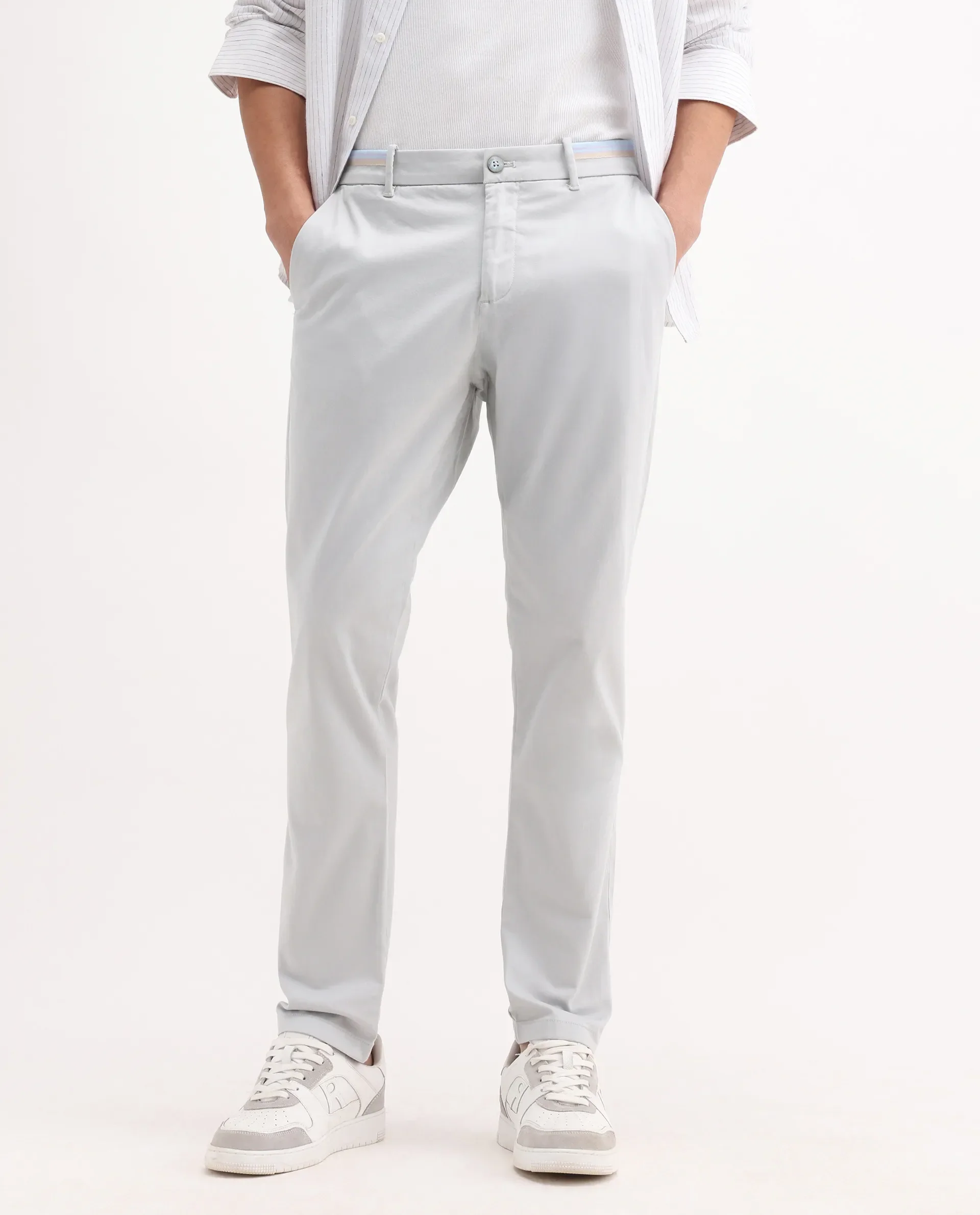 Rare Rabbit Men's Trello Light Grey Cotton Blend Plain Regular Fit Trouser - Image 2