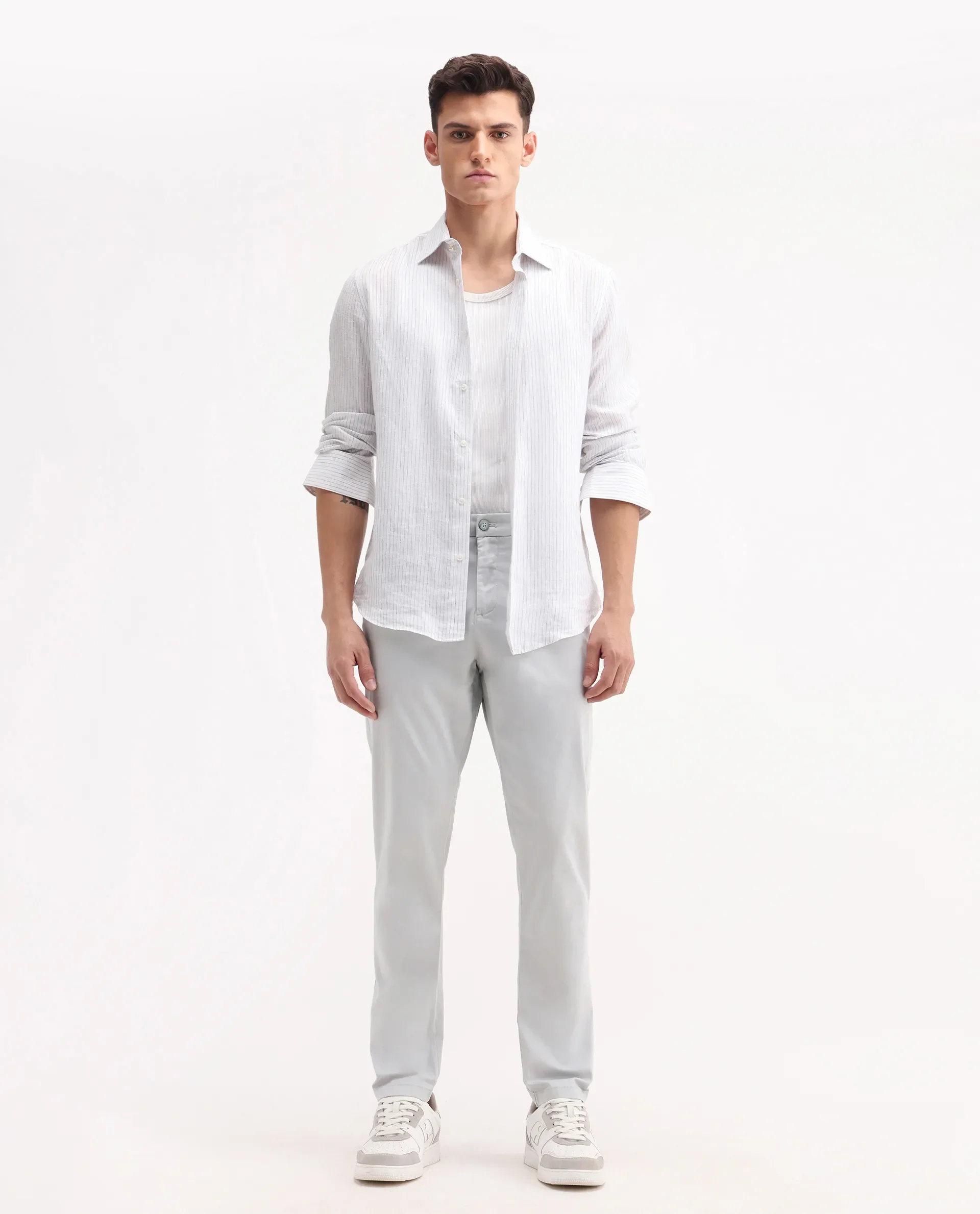 Rare Rabbit Men's Trello Light Grey Cotton Blend Plain Regular Fit Trouser - Image 3