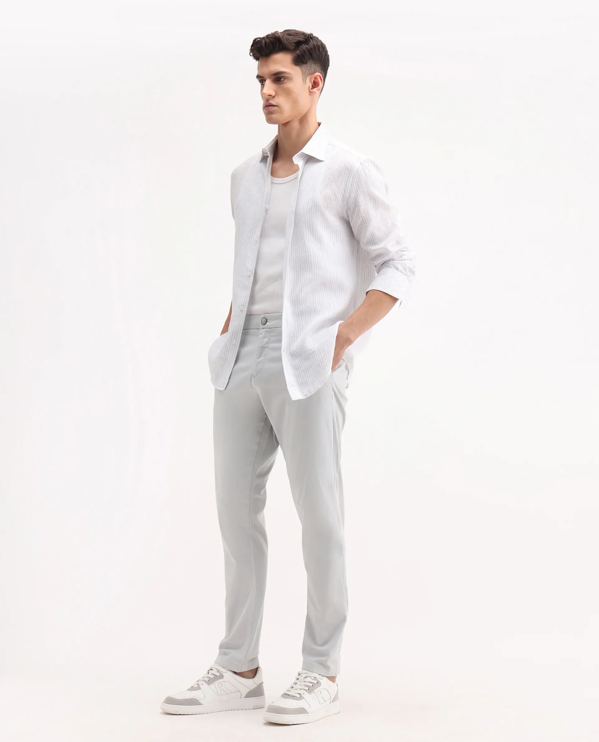 Rare Rabbit Men's Trello Light Grey Cotton Blend Plain Regular Fit Trouser - Image 6