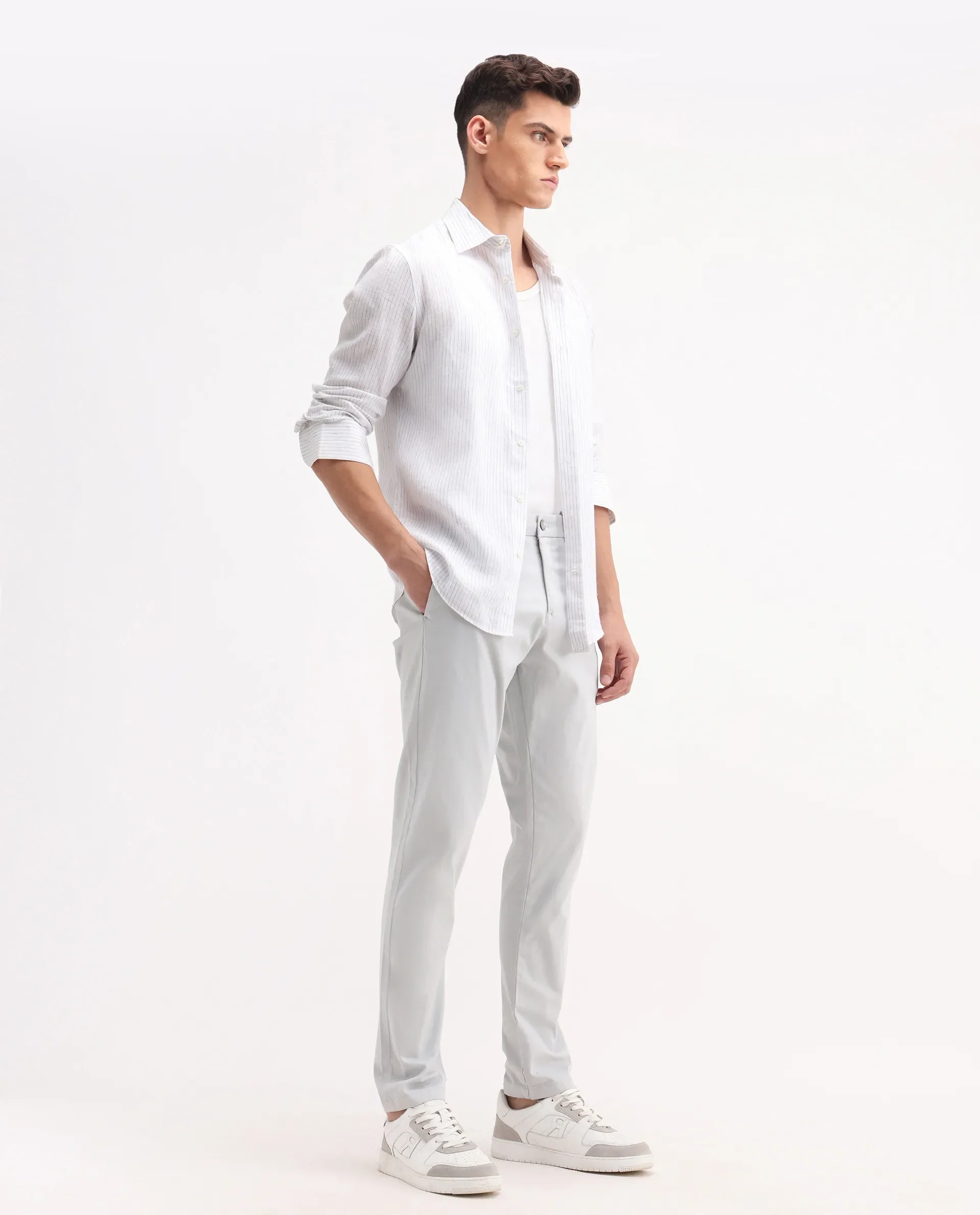 Rare Rabbit Men's Trello Light Grey Cotton Blend Plain Regular Fit Trouser - Image 7