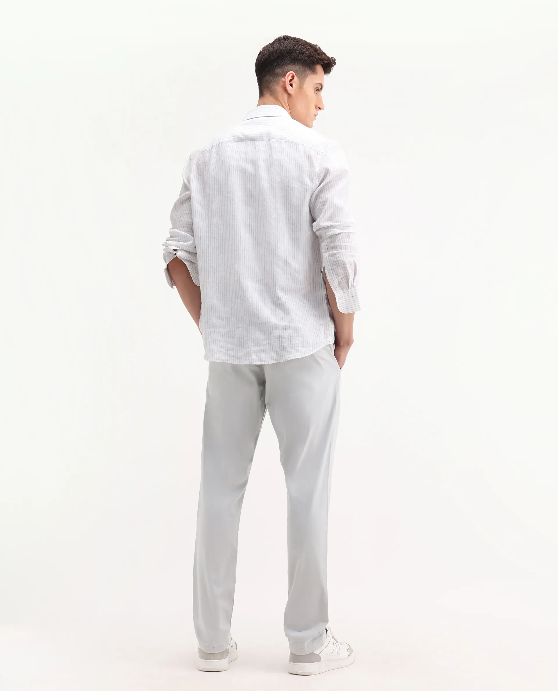Rare Rabbit Men's Trello Light Grey Cotton Blend Plain Regular Fit Trouser - Image 8