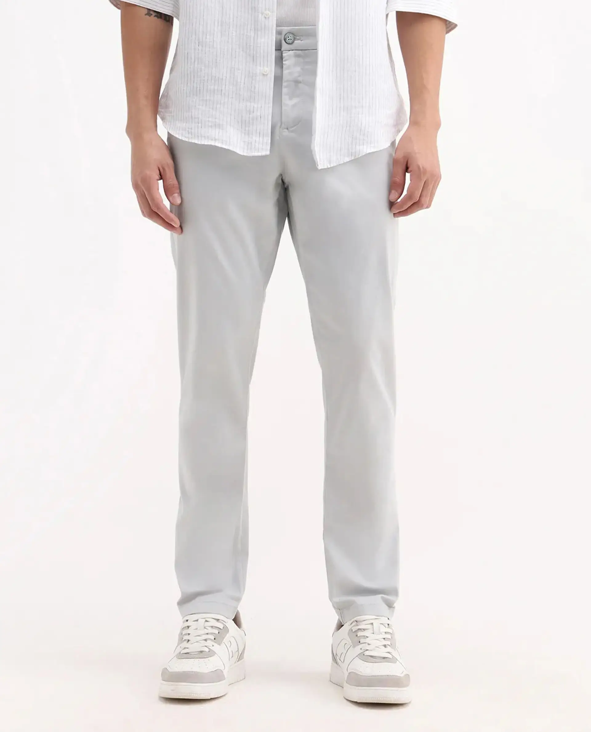 Rare Rabbit Men's Trello Light Grey Cotton Blend Plain Regular Fit Trouser - Image 9