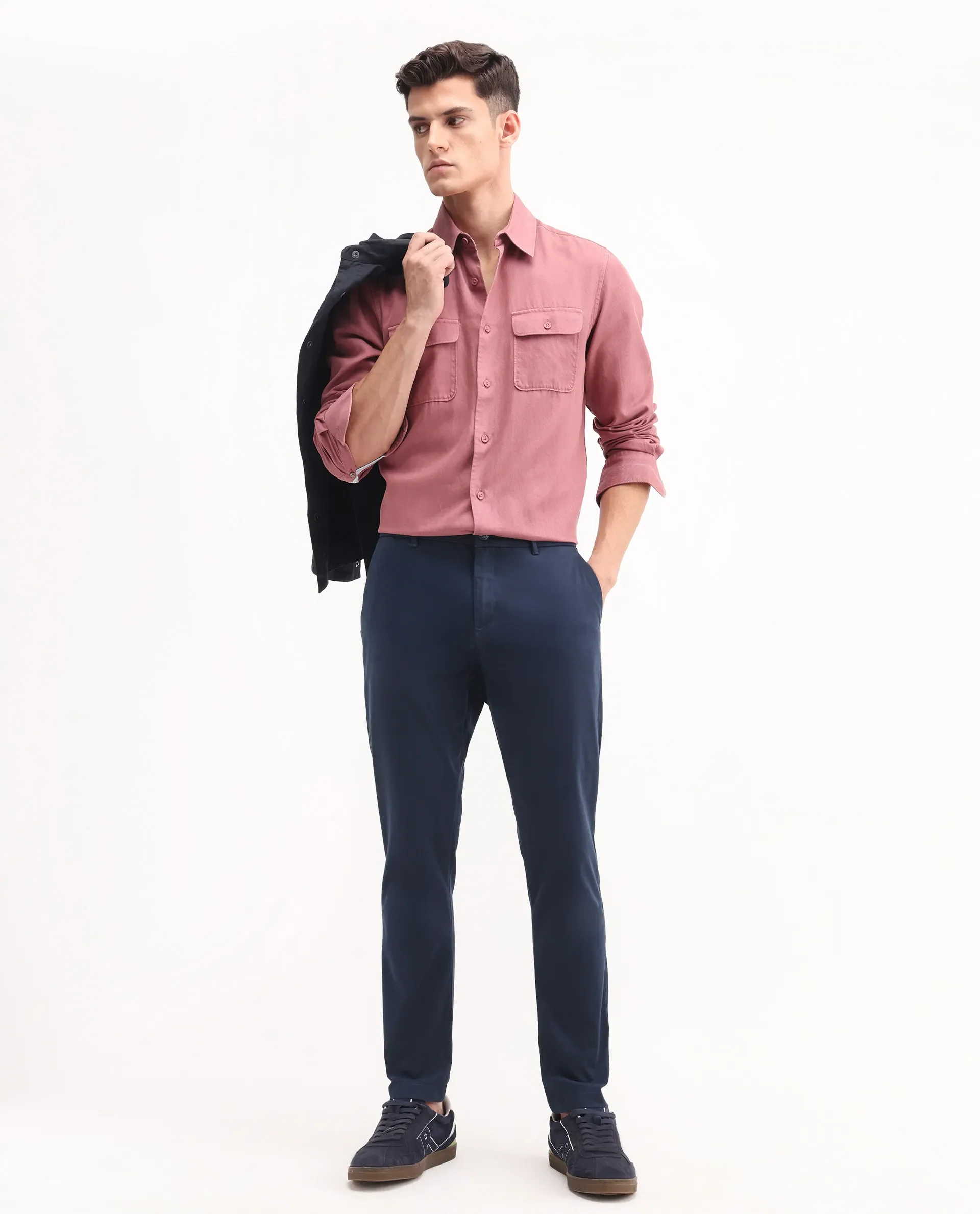Rare Rabbit Men's Trello Navy Cotton Blend Plain Regular Fit Trouser