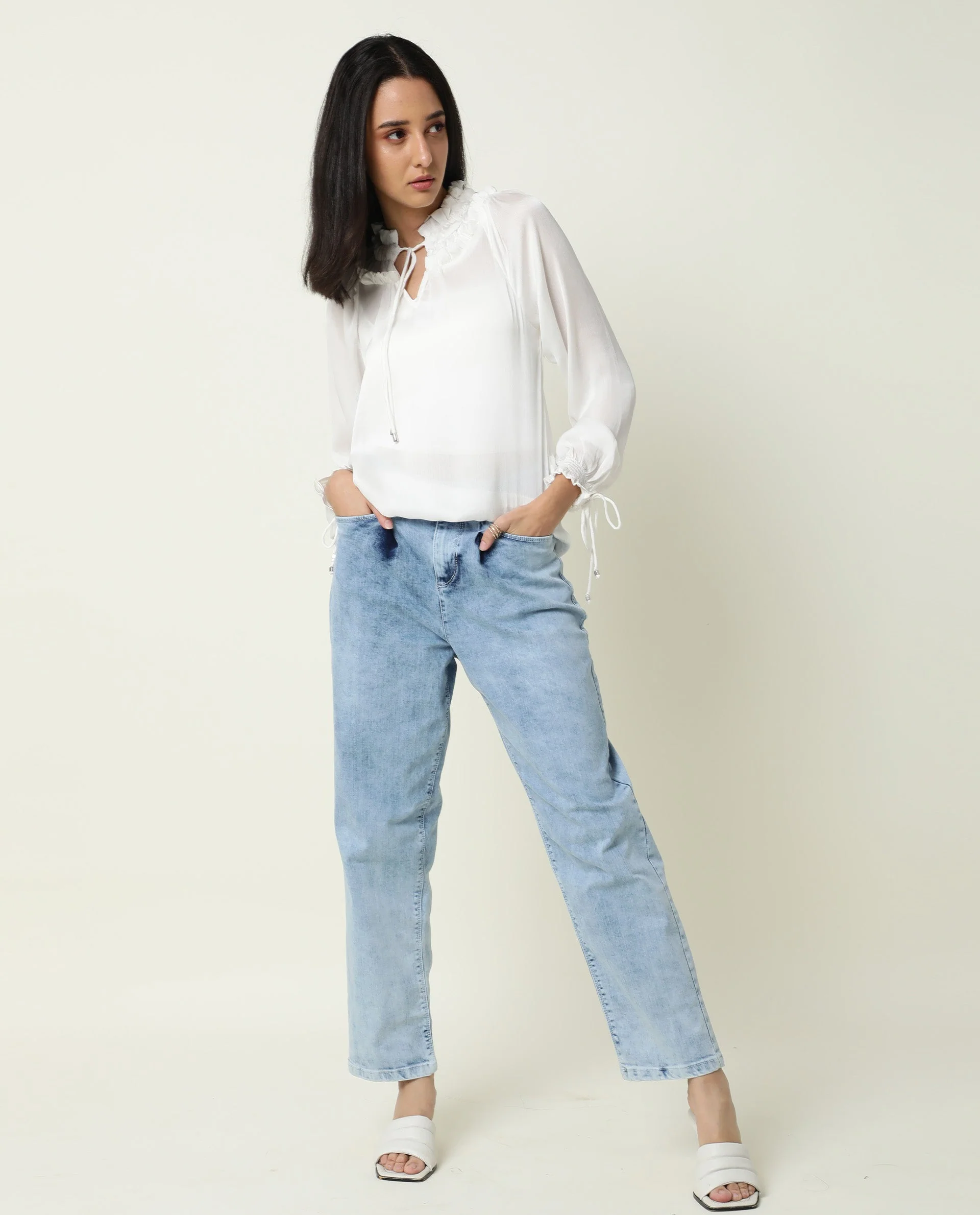 Rareism Women's Tremoe White Tie-Up Neck Plain Knee Length Regular Fit Top - Image 3