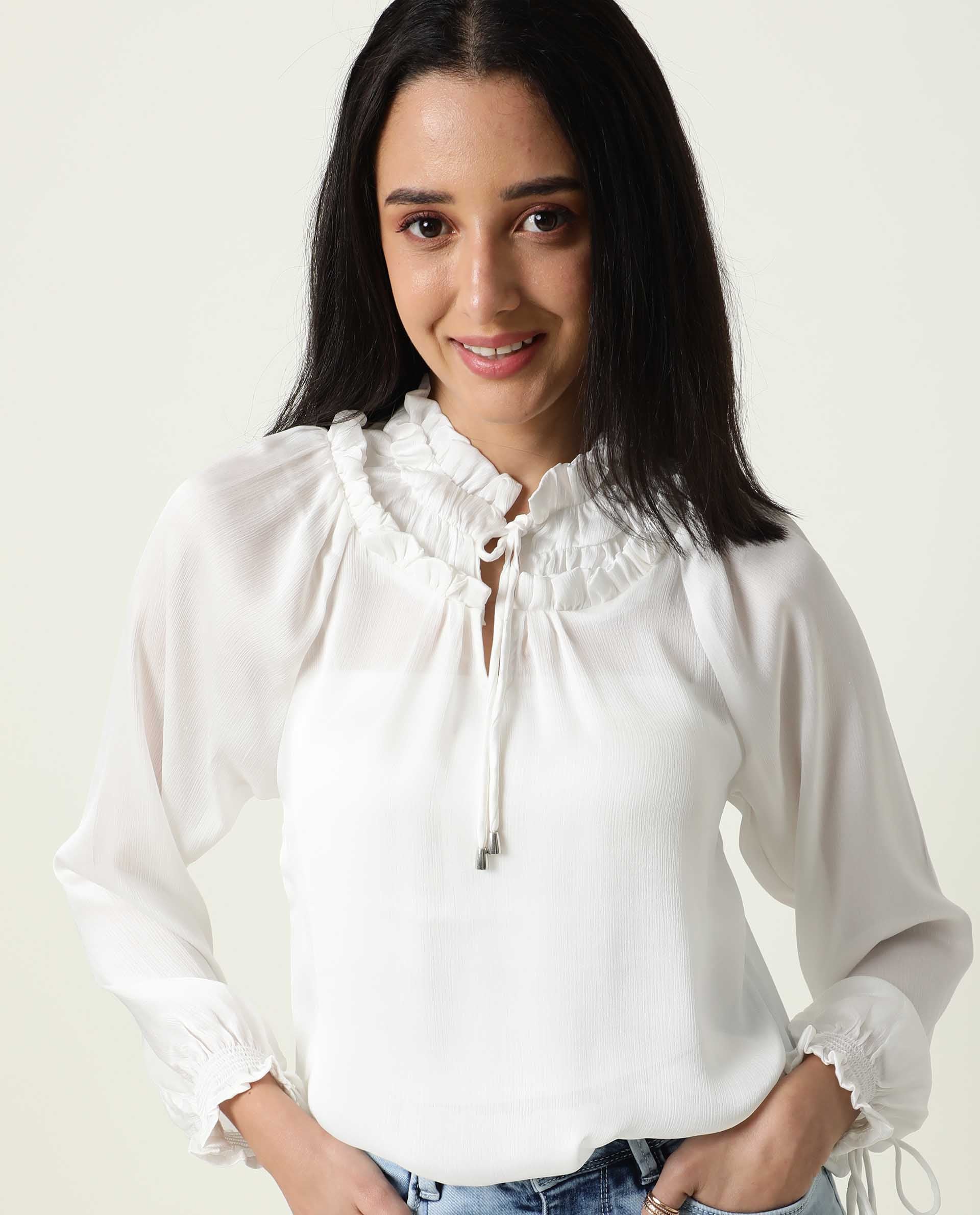 Rareism Women's Tremoe White Tie-Up Neck Plain Knee Length Regular Fit Top - Image 4
