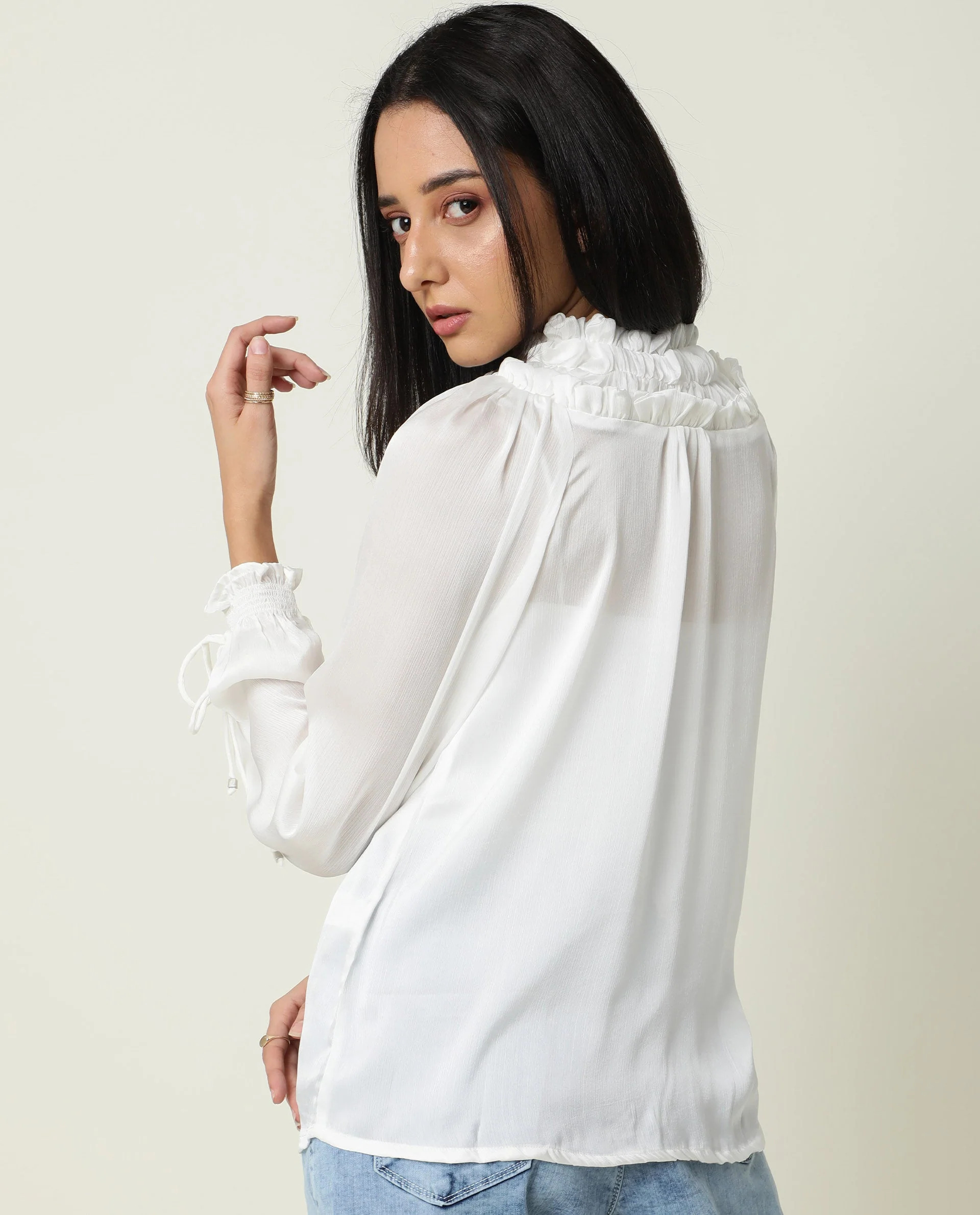 Rareism Women's Tremoe White Tie-Up Neck Plain Knee Length Regular Fit Top - Image 5