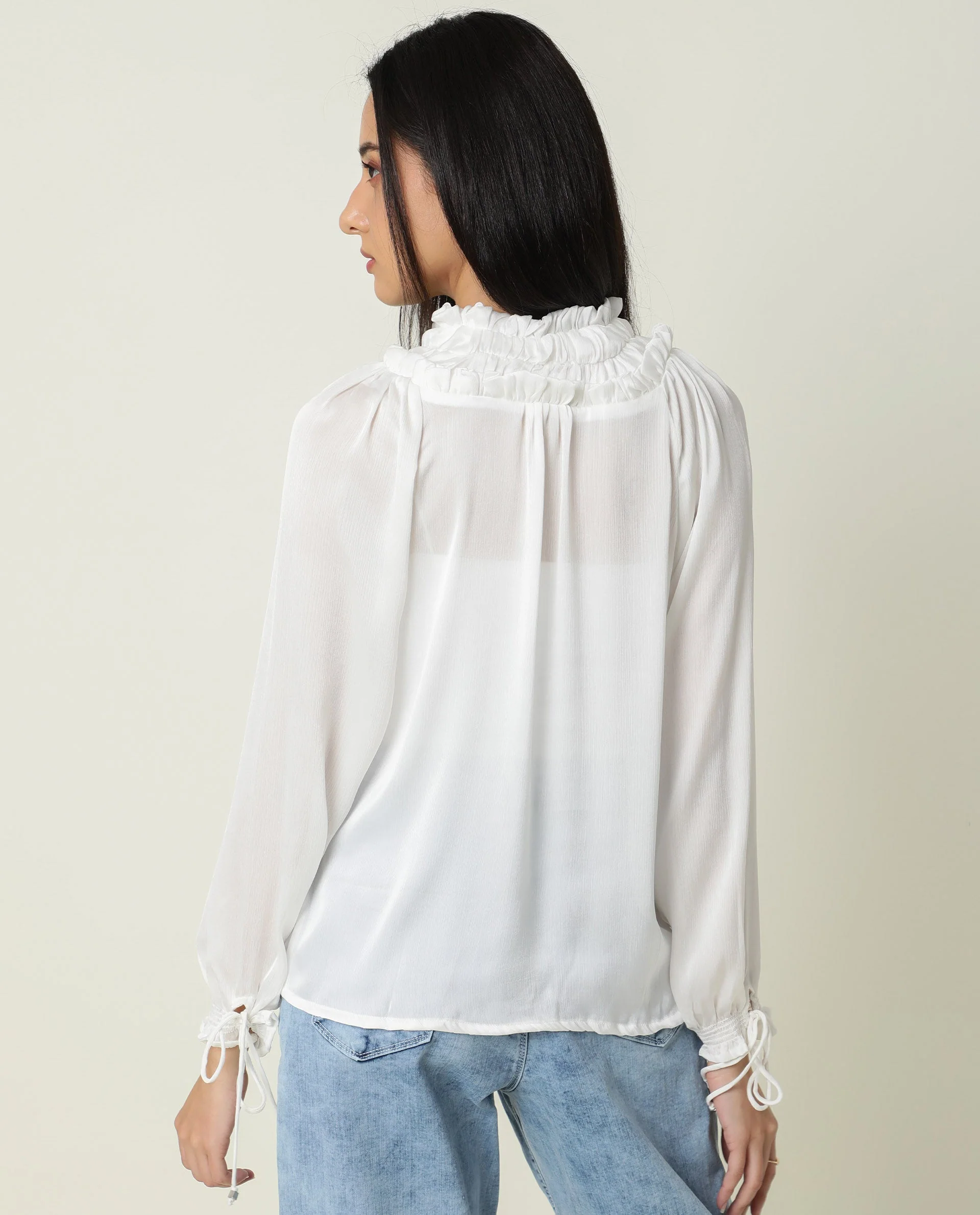 Rareism Women's Tremoe White Tie-Up Neck Plain Knee Length Regular Fit Top - Image 8