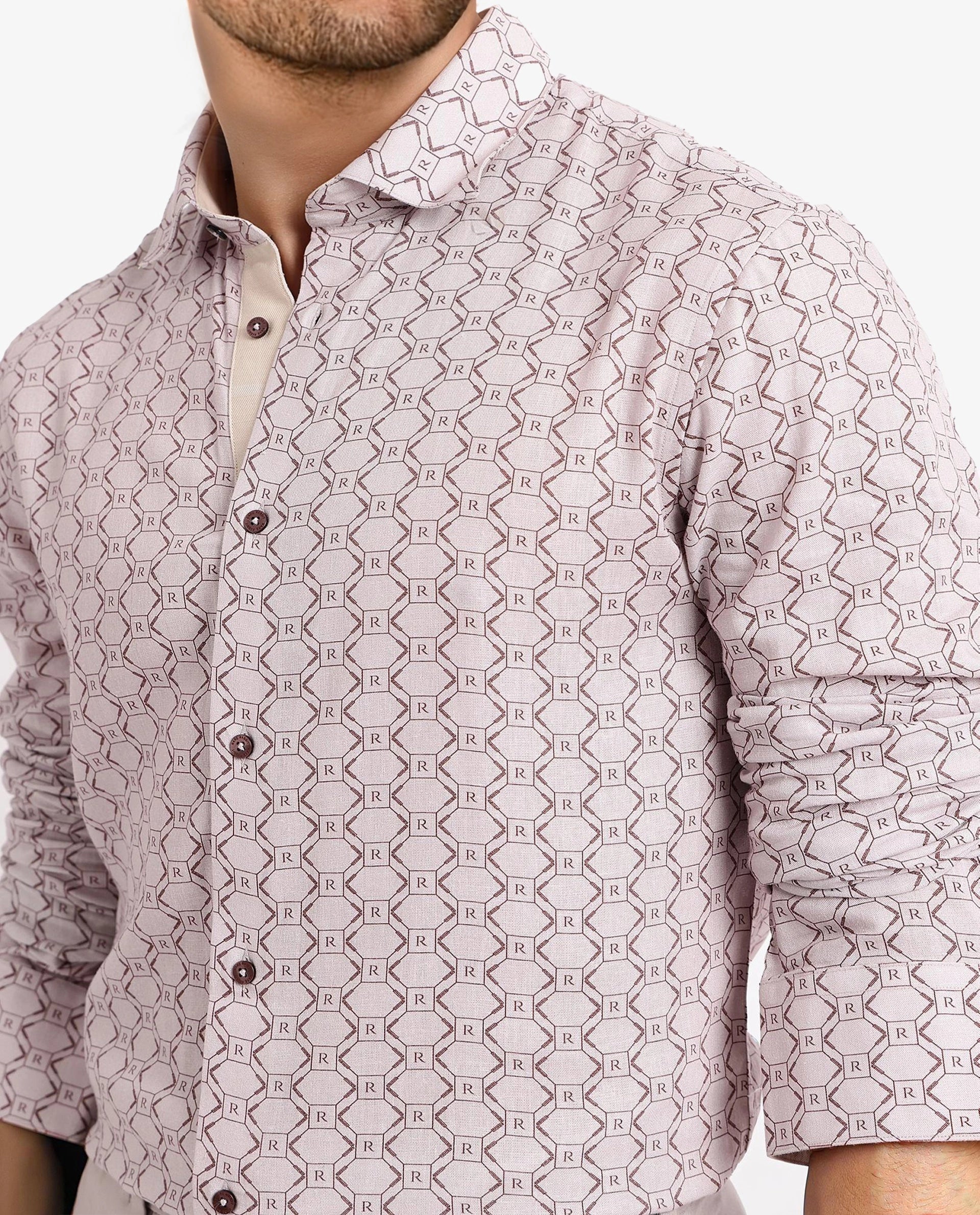Rare Rabbit Men's Trends Dusky Pink Cotton Monogram Print Regular Fit Full Sleeve Collared Shirt - Image 5