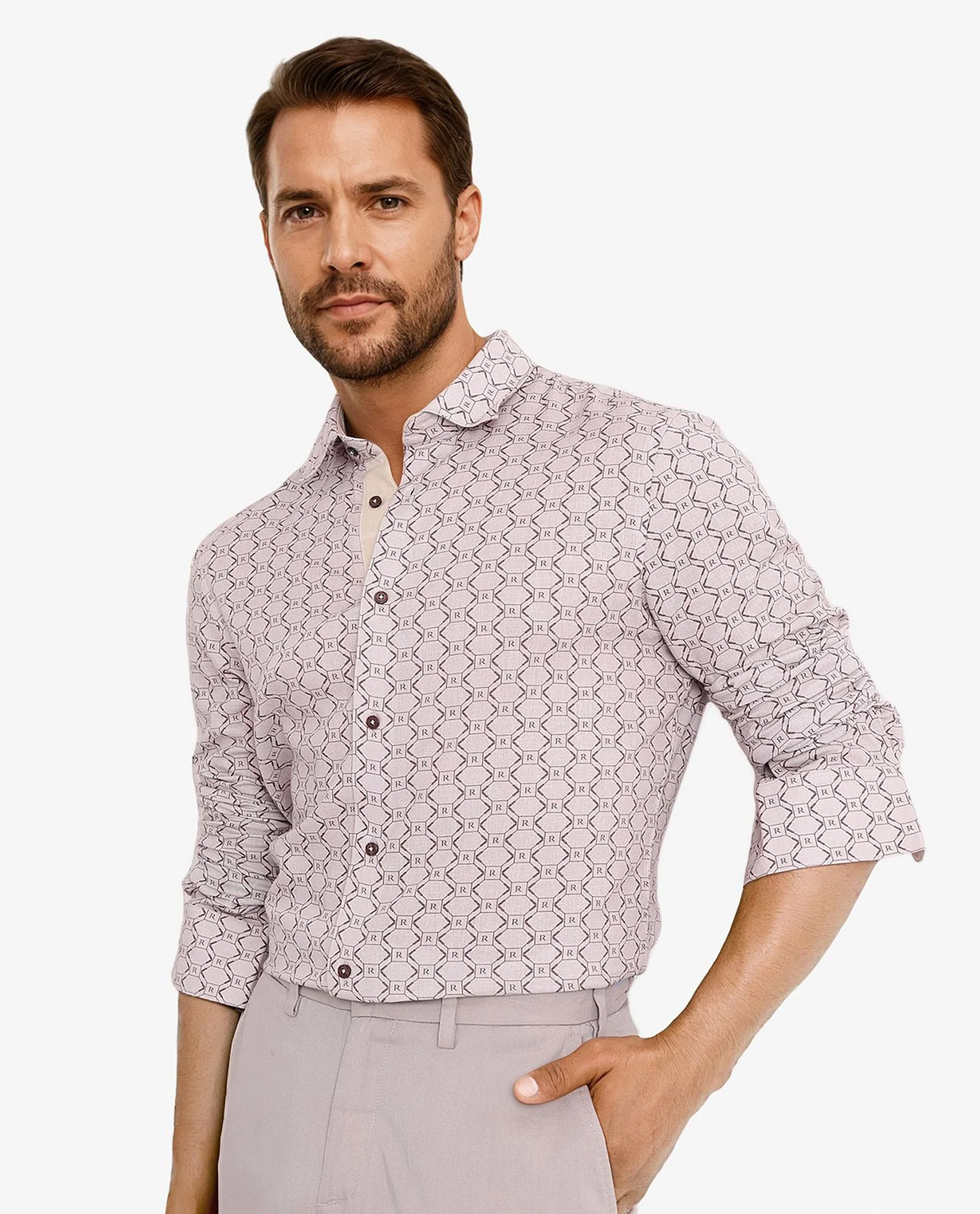 Rare Rabbit Men's Trends Dusky Pink Cotton Monogram Print Regular Fit Full Sleeve Collared Shirt - Image 6