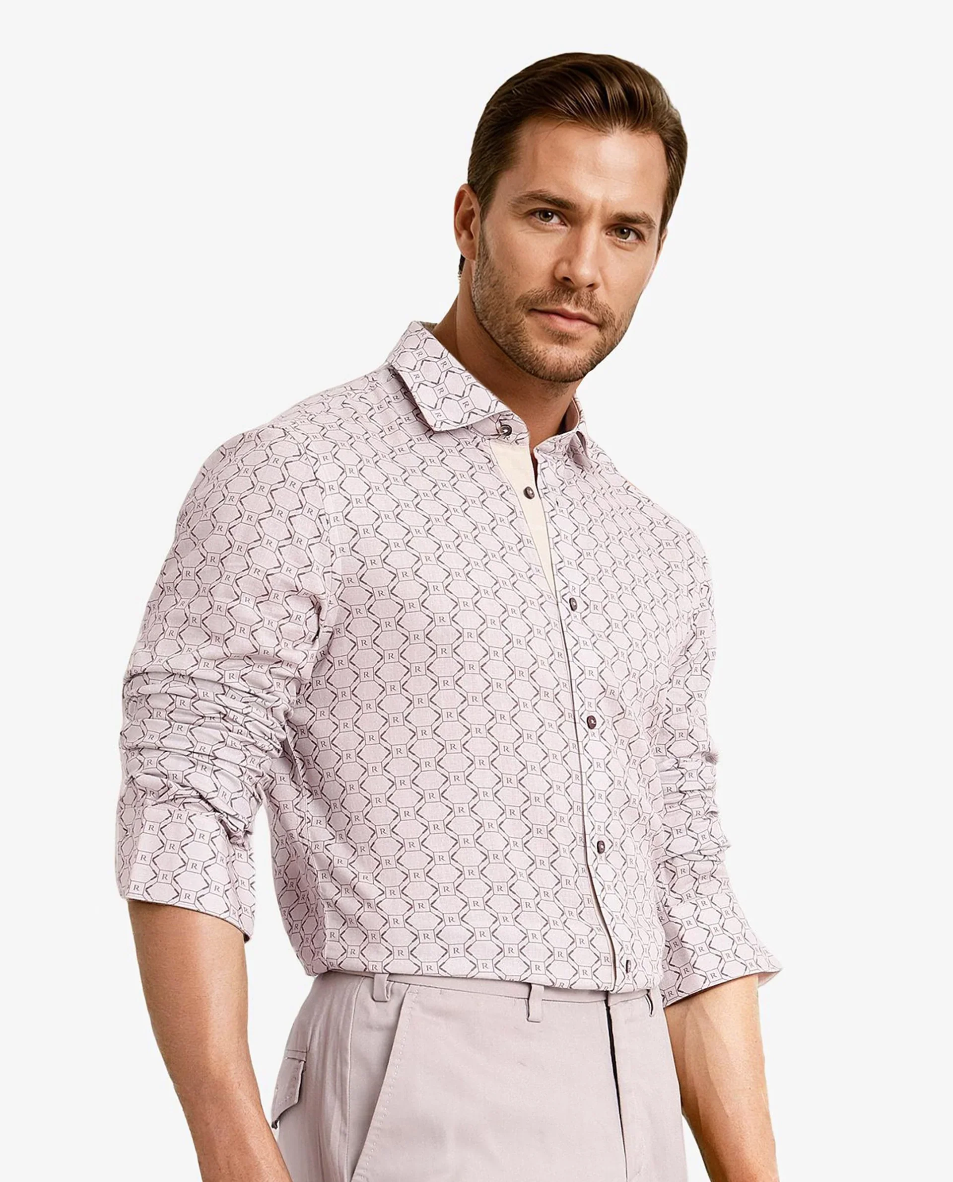 Rare Rabbit Men's Trends Dusky Pink Cotton Monogram Print Regular Fit Full Sleeve Collared Shirt - Image 7