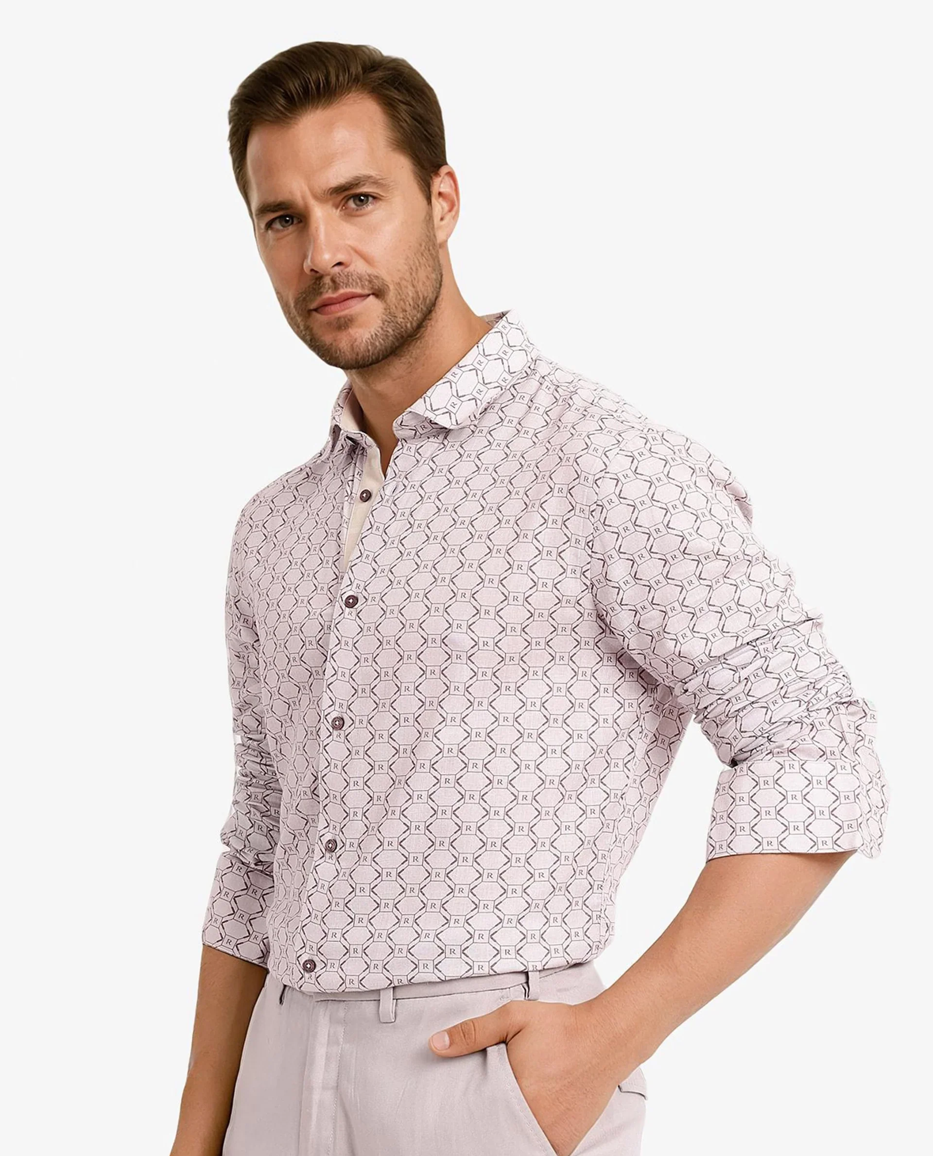 Rare Rabbit Men's Trends Dusky Pink Cotton Monogram Print Regular Fit Full Sleeve Collared Shirt - Image 8