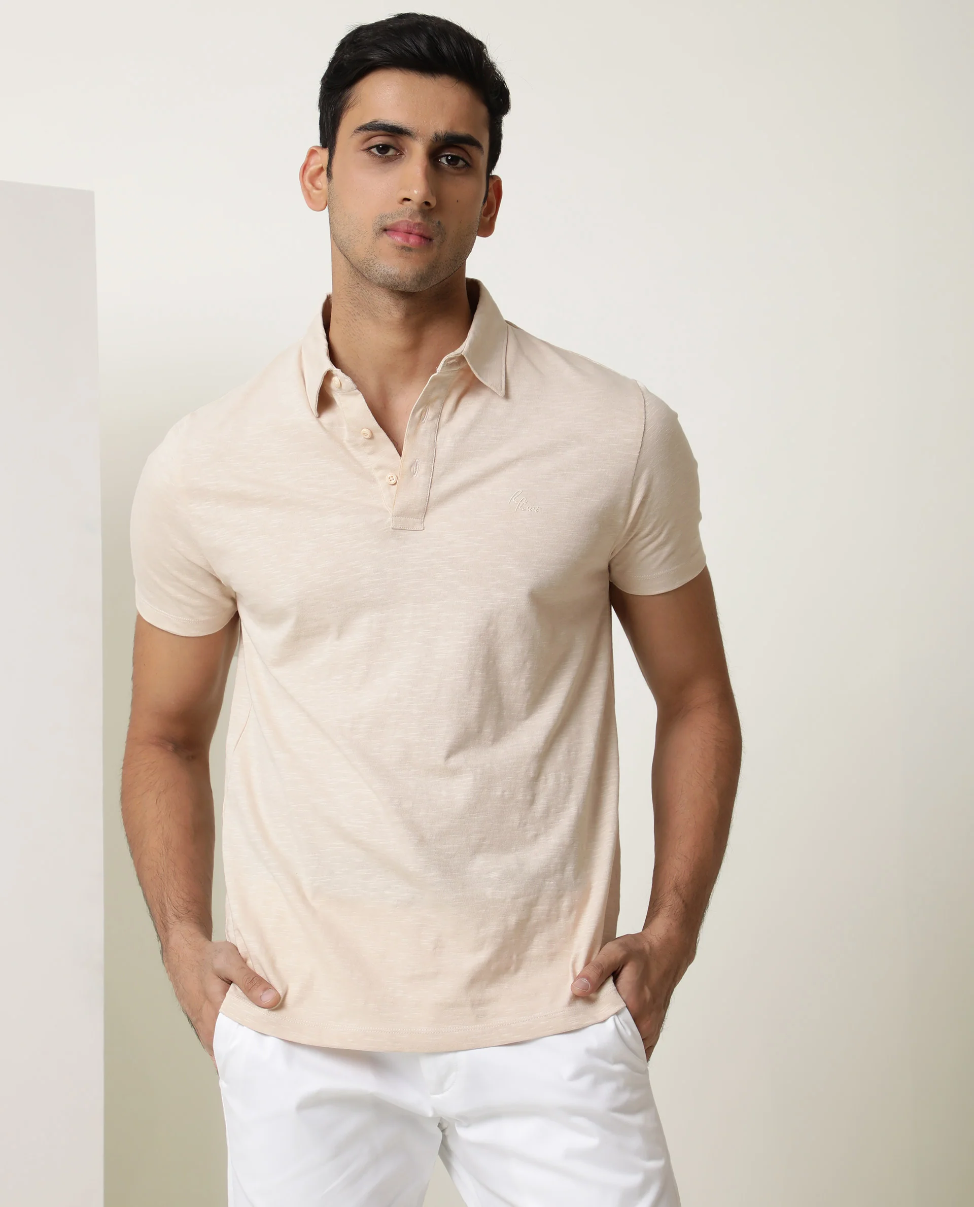 Rare Rabbit Men's Trent Beige Cotton Plain Regular Fit Half Sleeve Polo