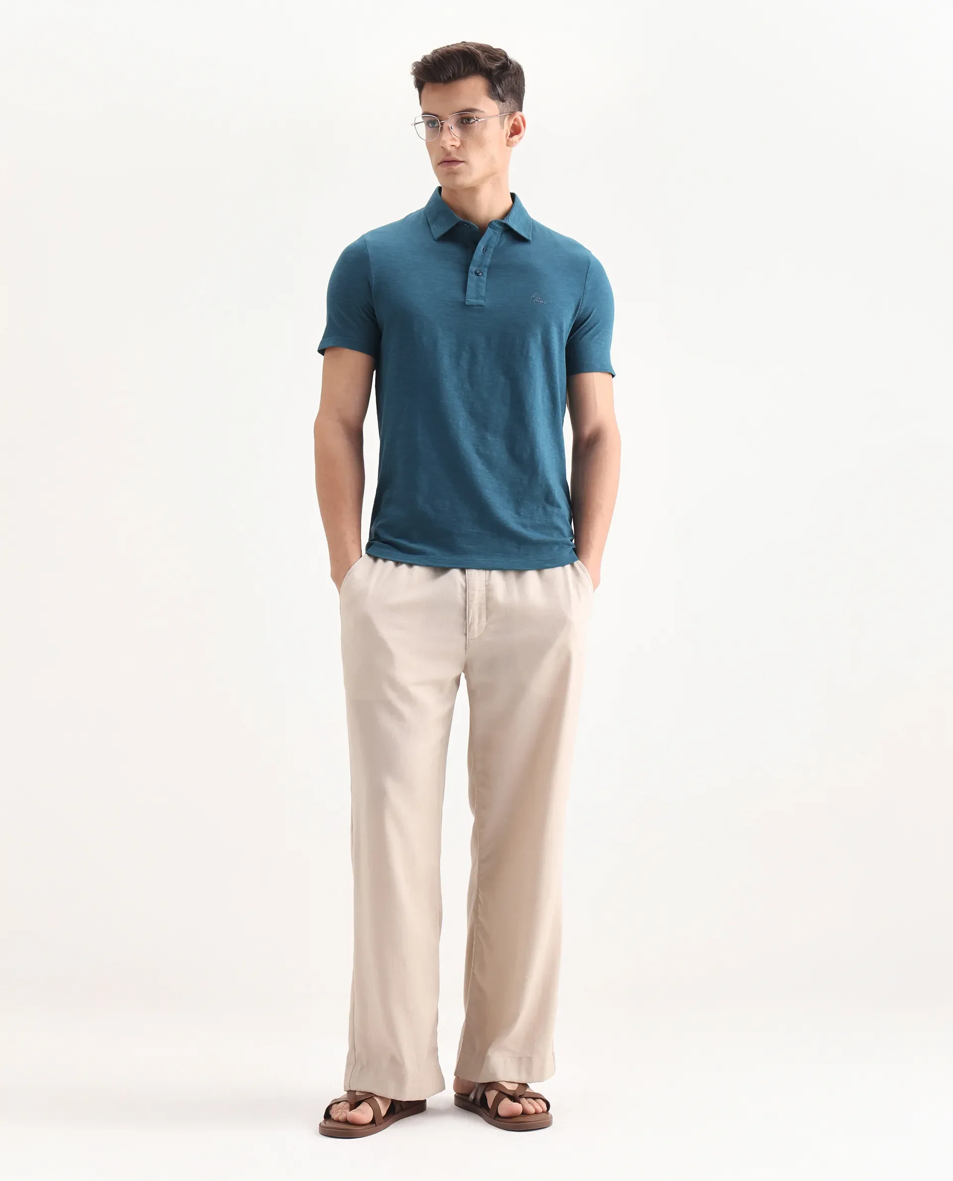 Rare Rabbit Men's Trent Petrol Cotton Plain Regular Fit Half Sleeve Polo - Image 2