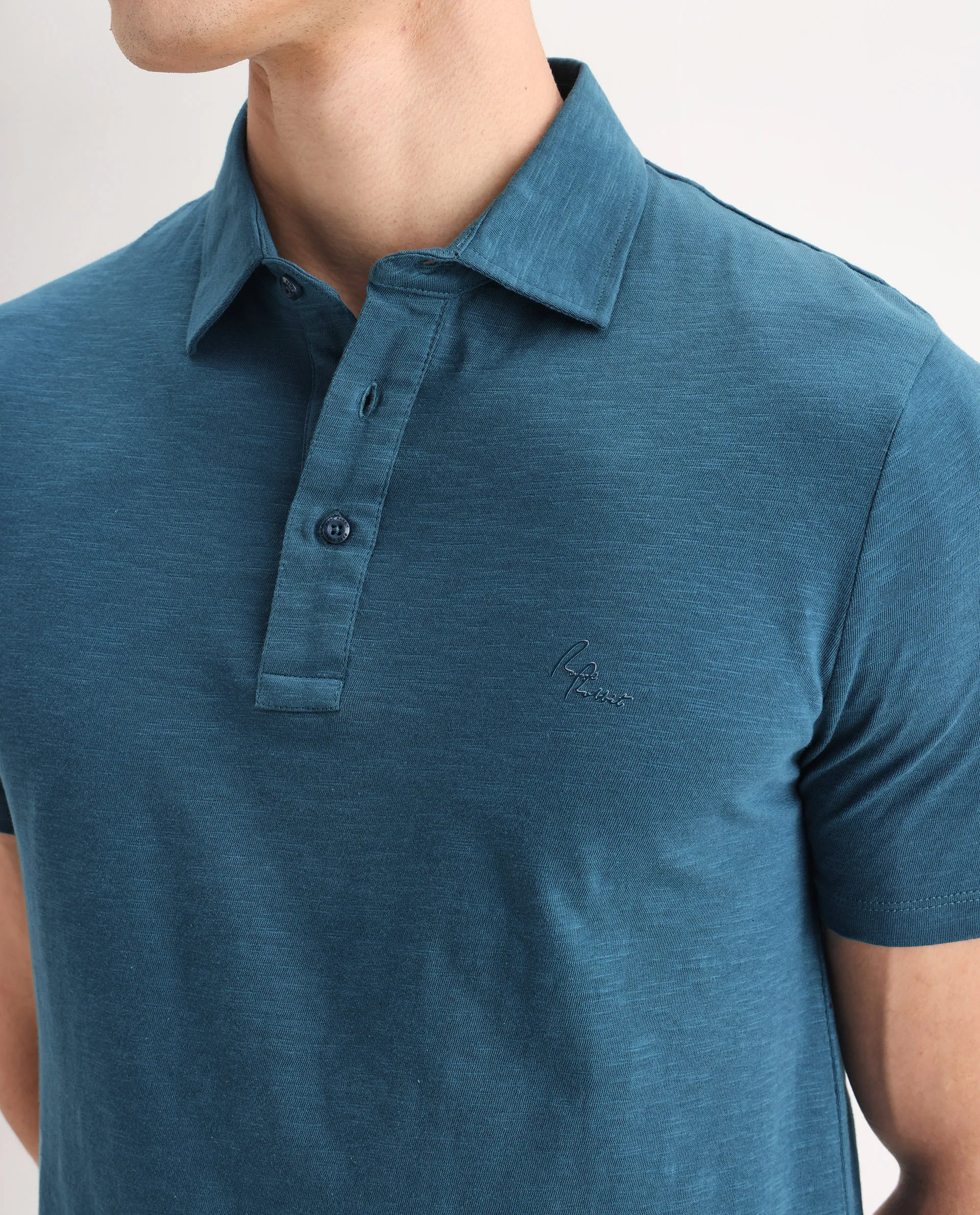 Rare Rabbit Men's Trent Petrol Cotton Plain Regular Fit Half Sleeve Polo - Image 3