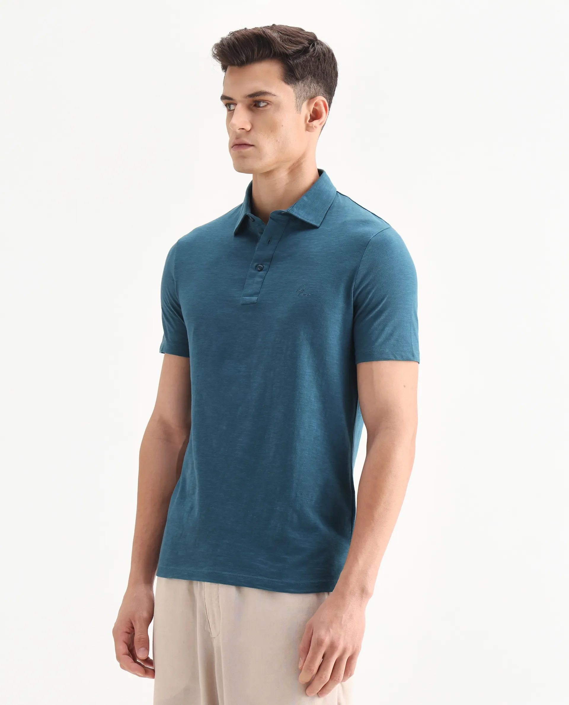 Rare Rabbit Men's Trent Petrol Cotton Plain Regular Fit Half Sleeve Polo - Image 4