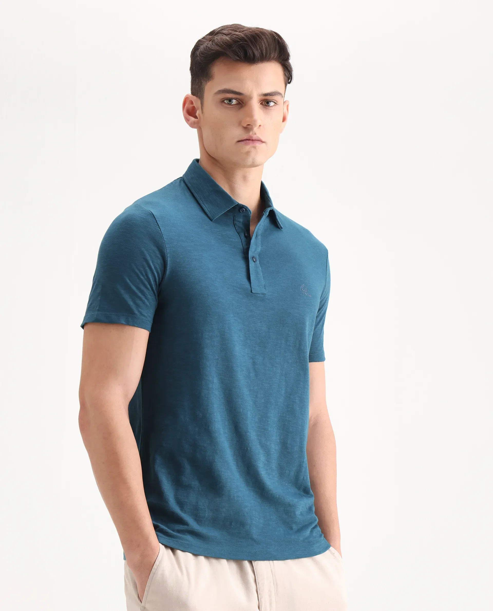 Rare Rabbit Men's Trent Petrol Cotton Plain Regular Fit Half Sleeve Polo - Image 5