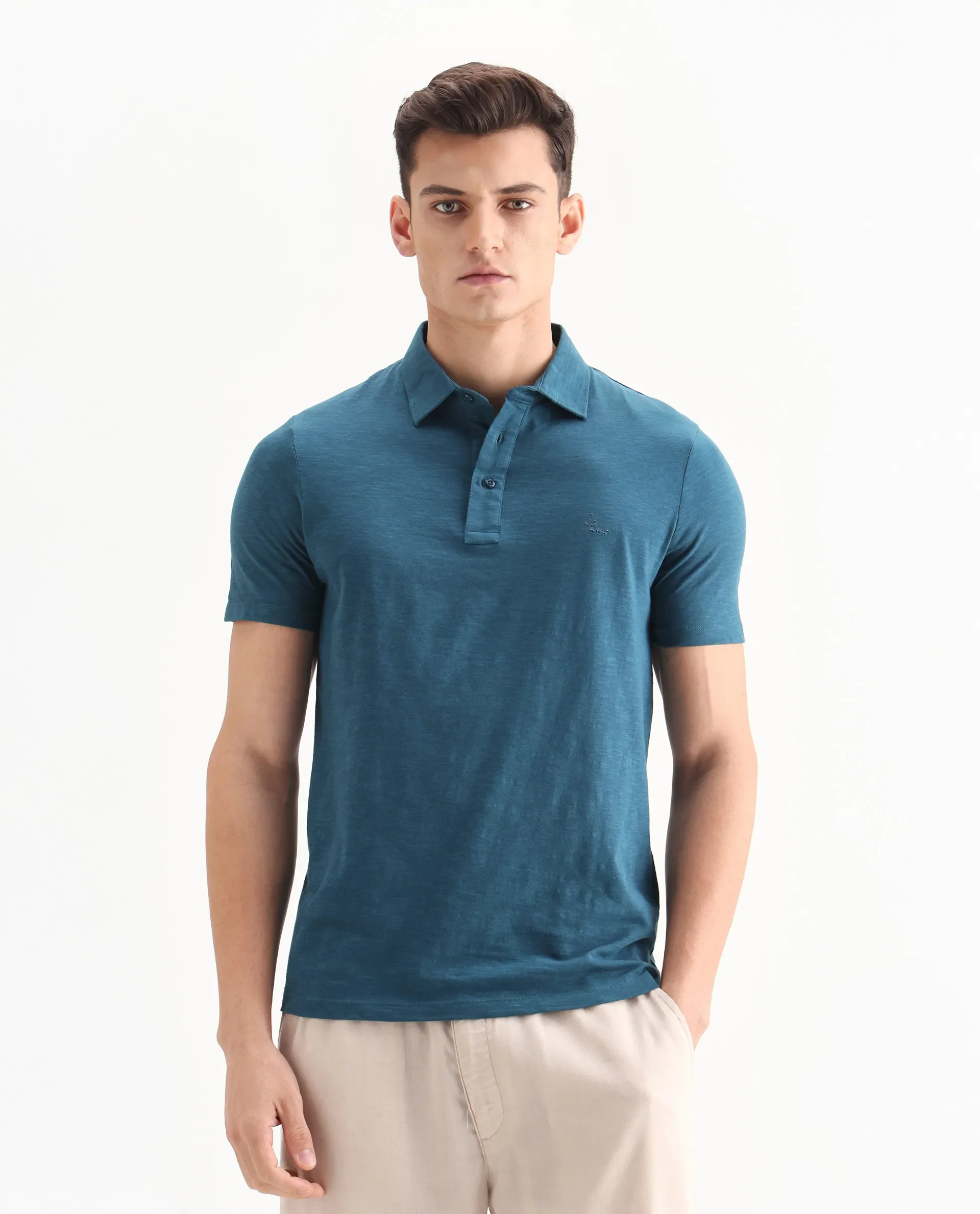 Rare Rabbit Men's Trent Petrol Cotton Plain Regular Fit Half Sleeve Polo - Image 6