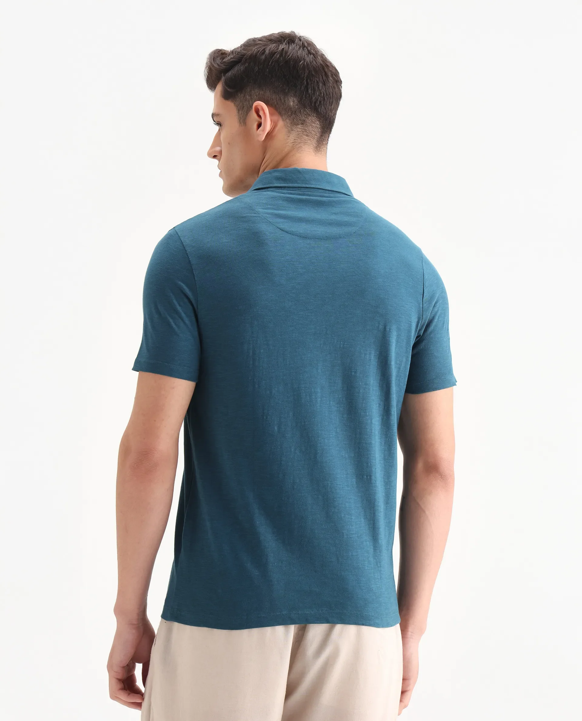 Rare Rabbit Men's Trent Petrol Cotton Plain Regular Fit Half Sleeve Polo - Image 7