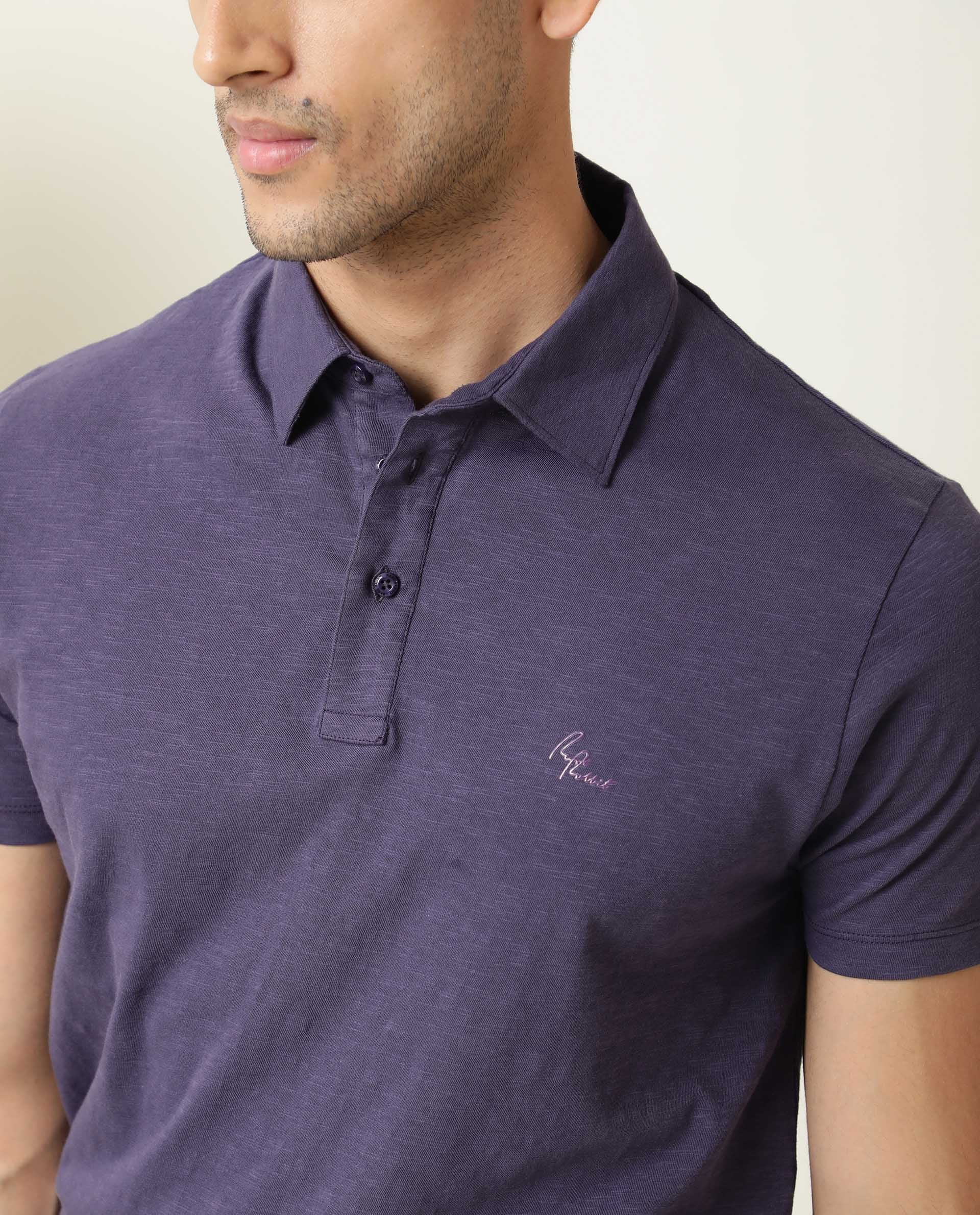 Rare Rabbit Men's Trent Purple Cotton Plain Regular Fit Half Sleeve Polo - Image 2