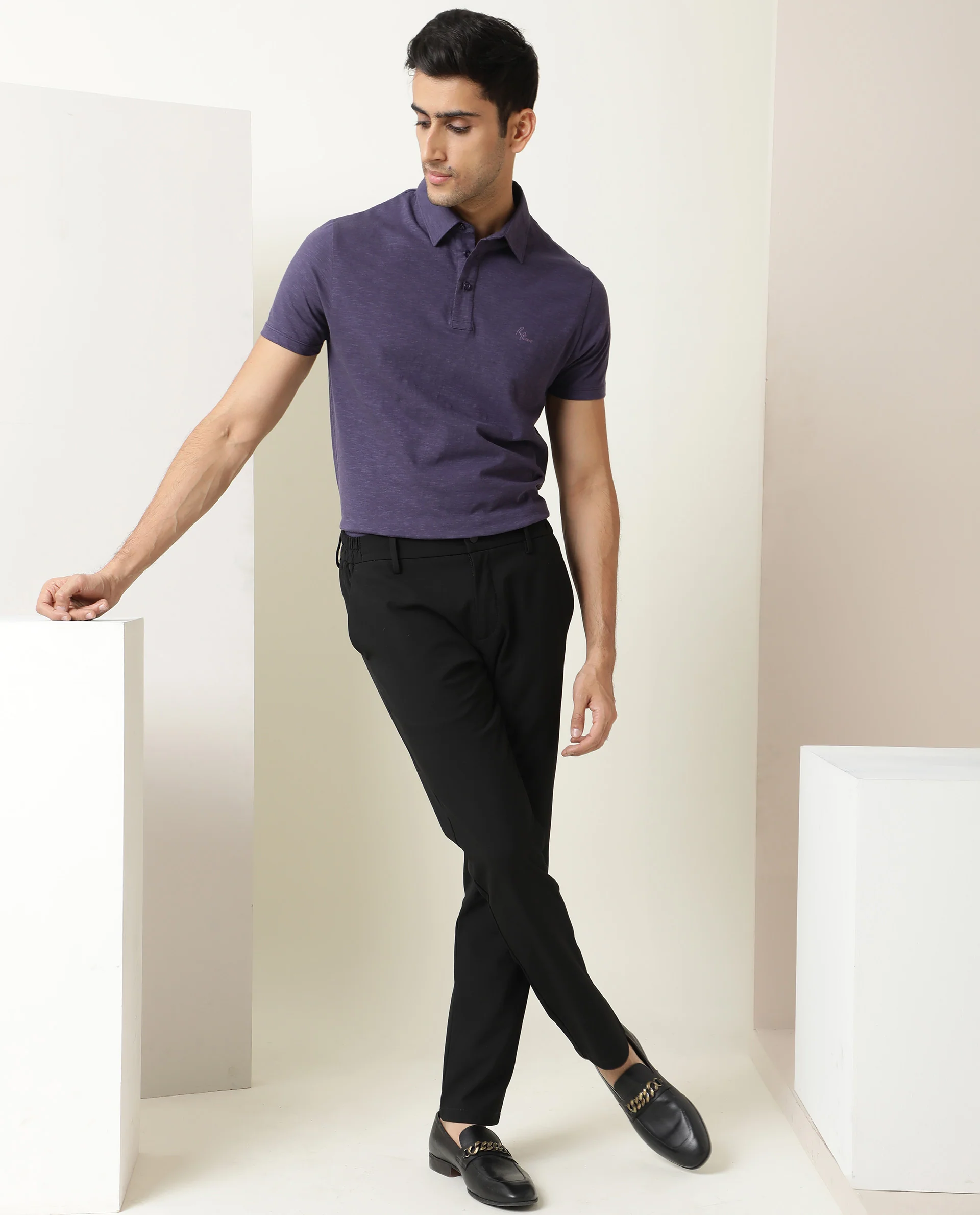 Rare Rabbit Men's Trent Purple Cotton Plain Regular Fit Half Sleeve Polo - Image 3