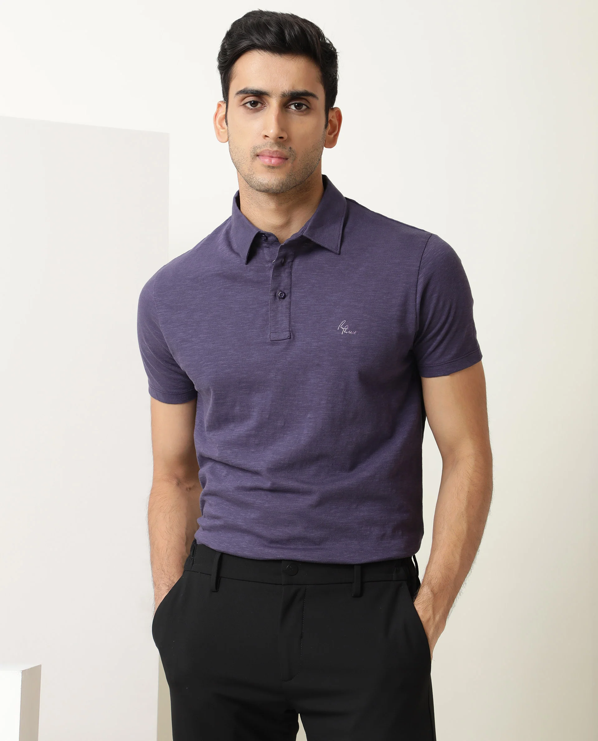Rare Rabbit Men's Trent Purple Cotton Plain Regular Fit Half Sleeve Polo - Image 6