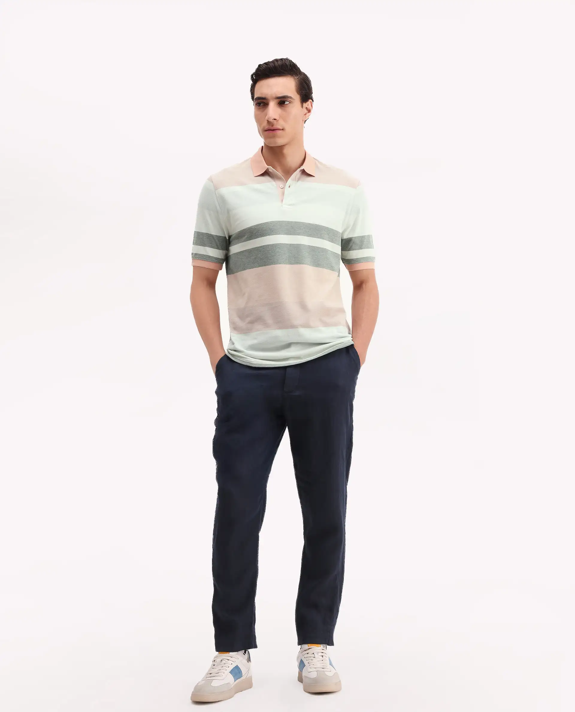 Rare Rabbit Men's Trenz Green Cotton Striped Print Regular Fit Half Sleeve Polo - Image 2