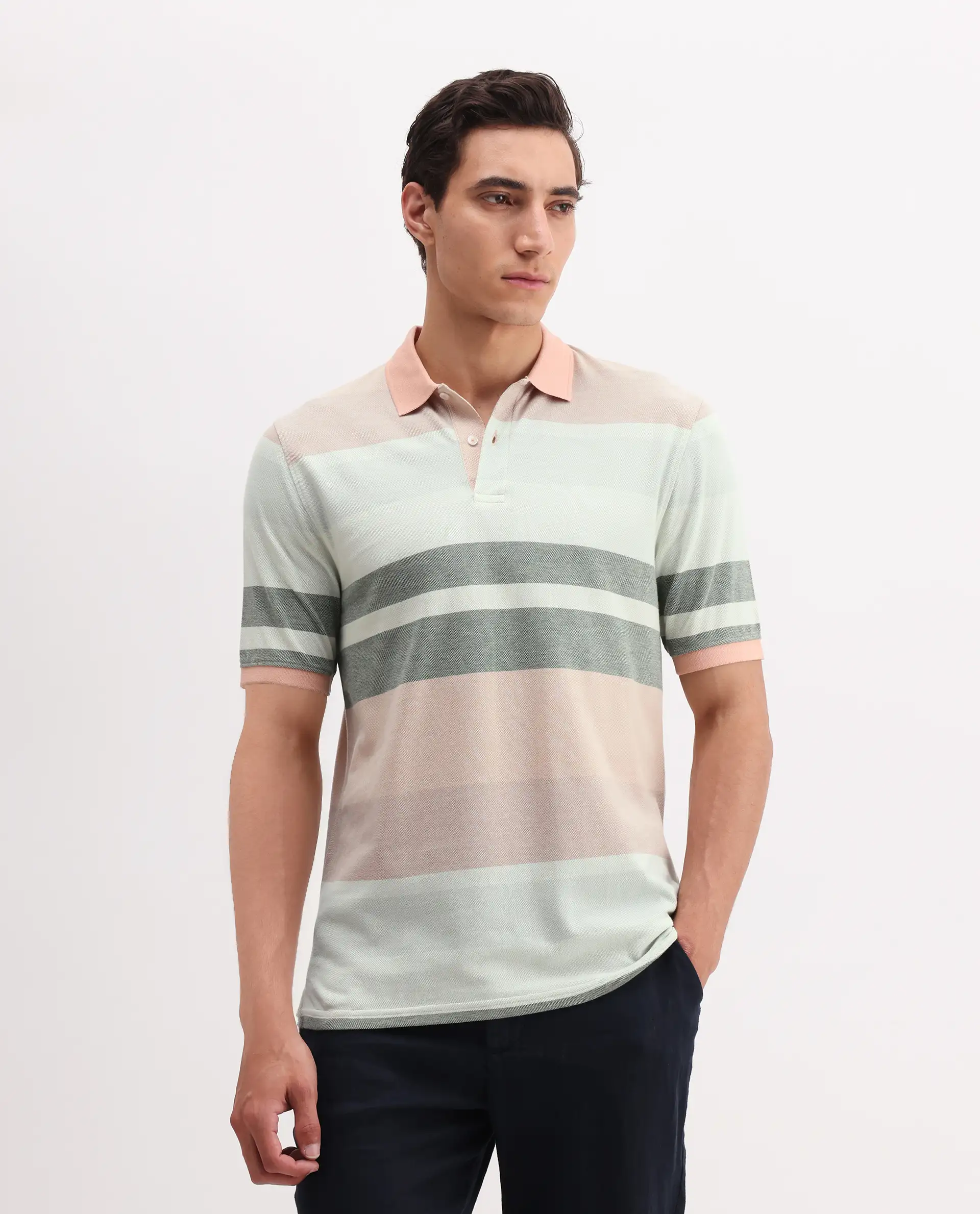 Rare Rabbit Men's Trenz Green Cotton Striped Print Regular Fit Half Sleeve Polo - Image 3