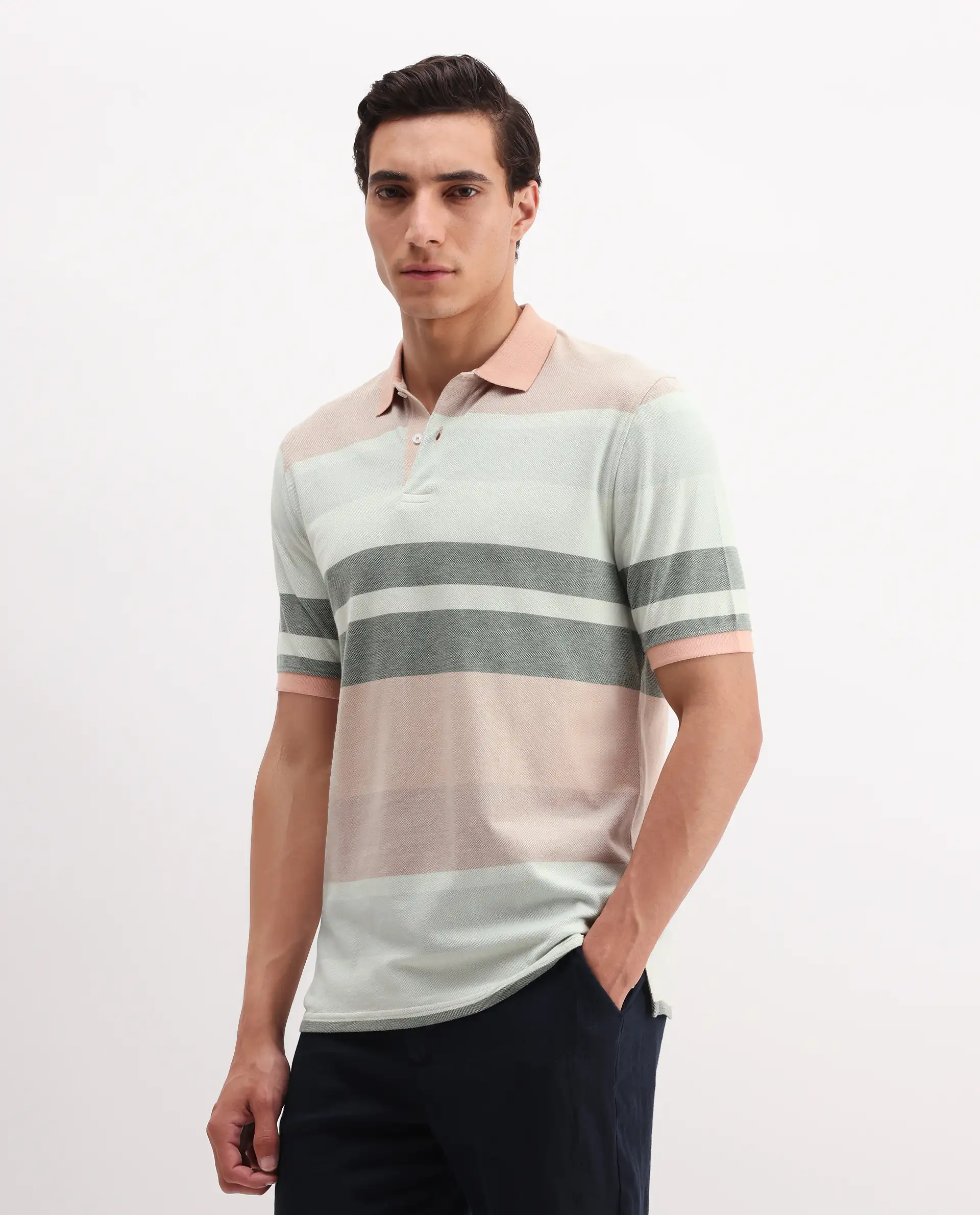 Rare Rabbit Men's Trenz Green Cotton Striped Print Regular Fit Half Sleeve Polo - Image 5