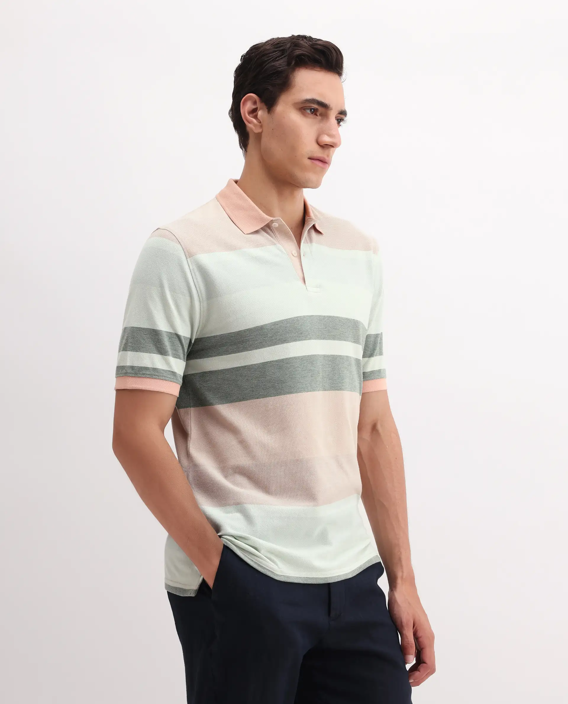 Rare Rabbit Men's Trenz Green Cotton Striped Print Regular Fit Half Sleeve Polo - Image 6