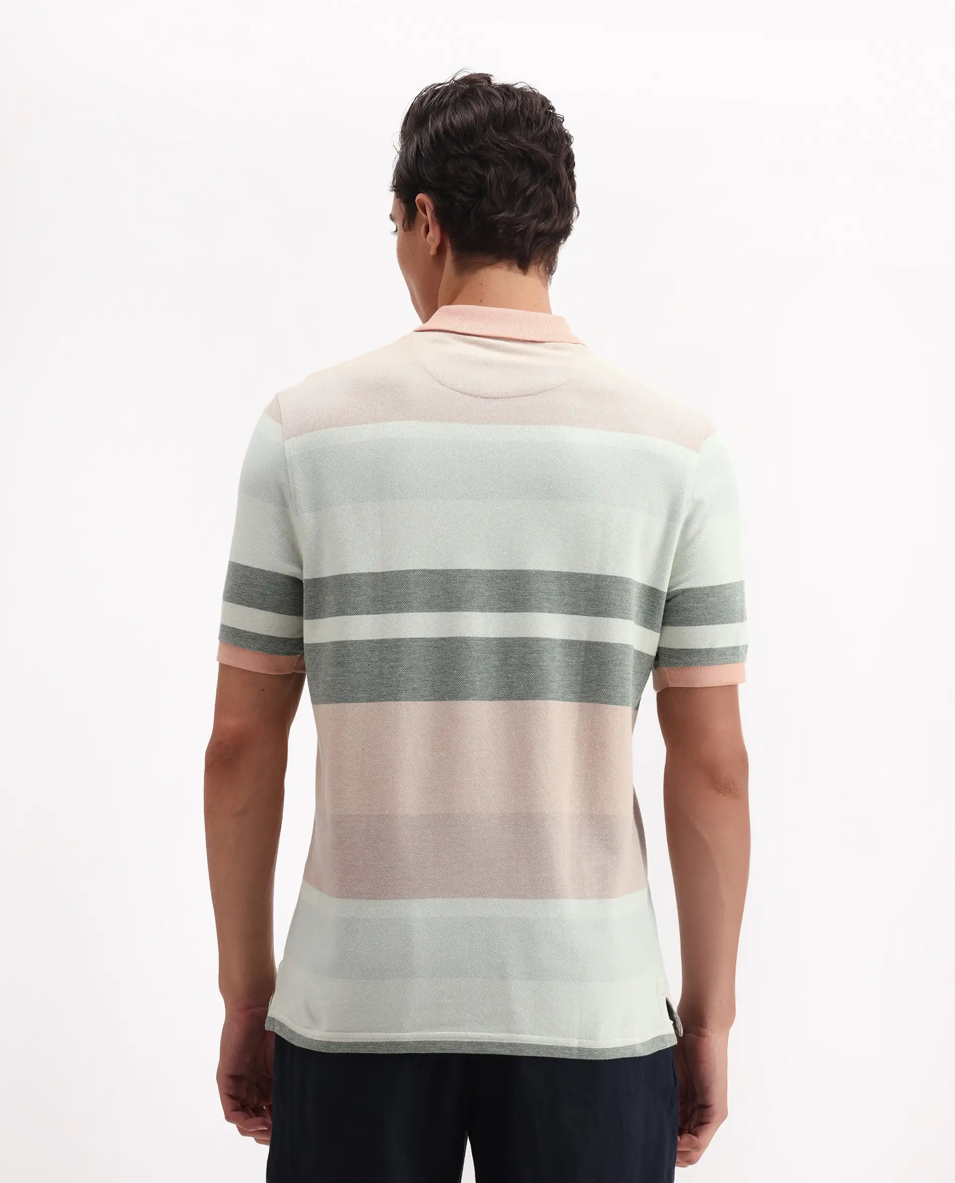 Rare Rabbit Men's Trenz Green Cotton Striped Print Regular Fit Half Sleeve Polo - Image 7