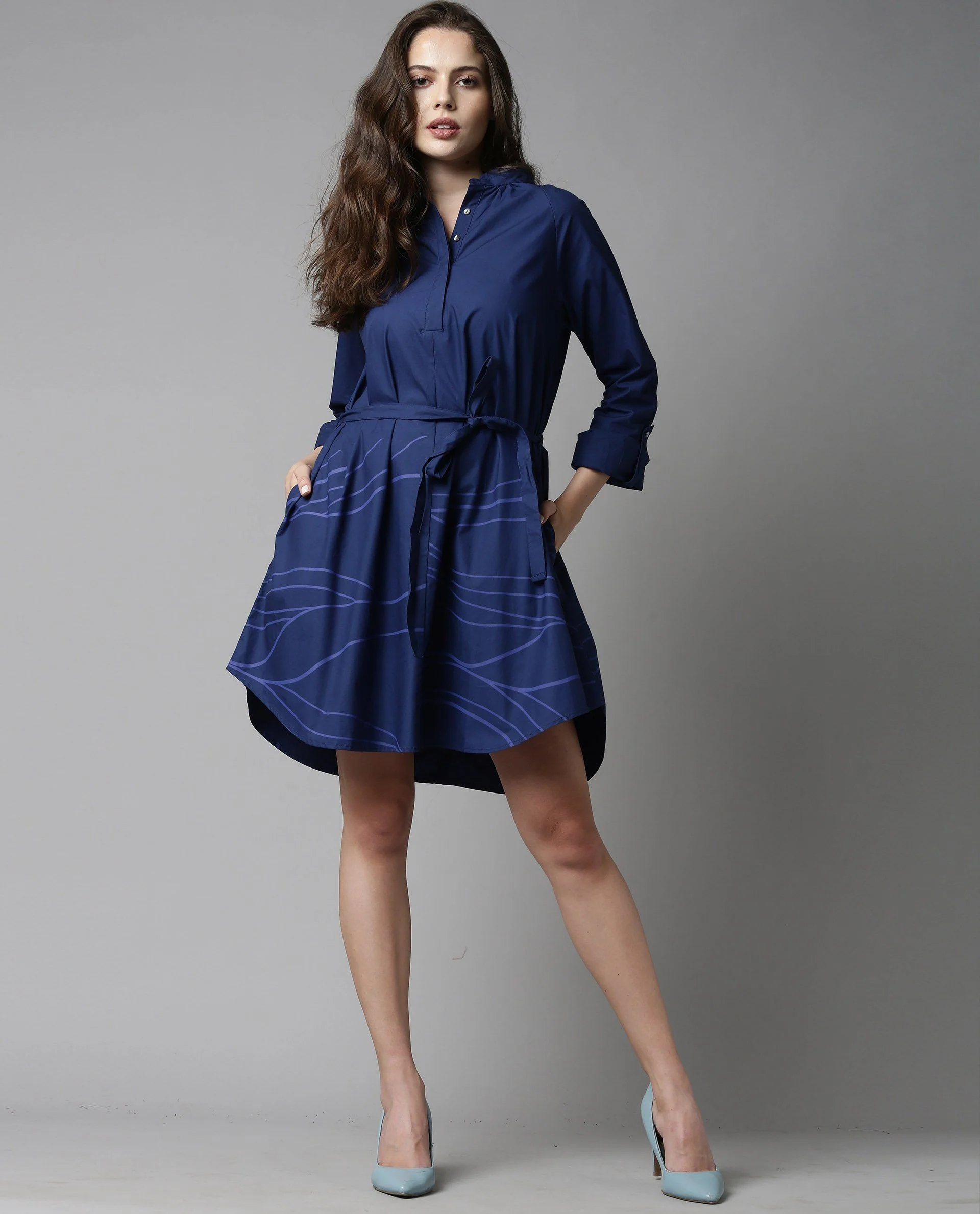 Rareism Women Treo Blue Dress Short Sleeves Solid - Image 2